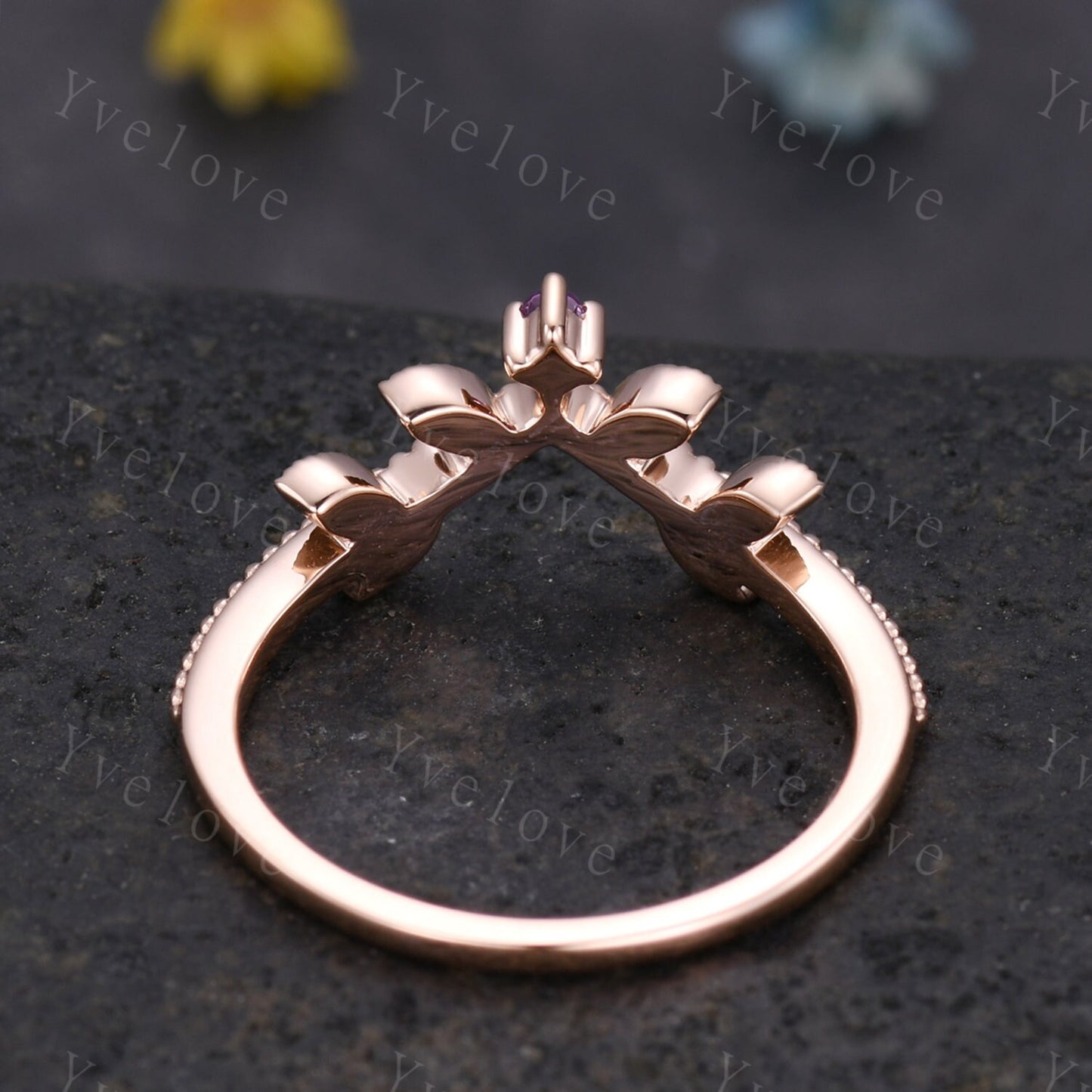 Amethyst Leaf Engagement Ring,Emerald Matching Band,Women Sapphire Band,Art Deco V Curved Milgrain Wedding Band,14K Rose Gold Gift For Her
