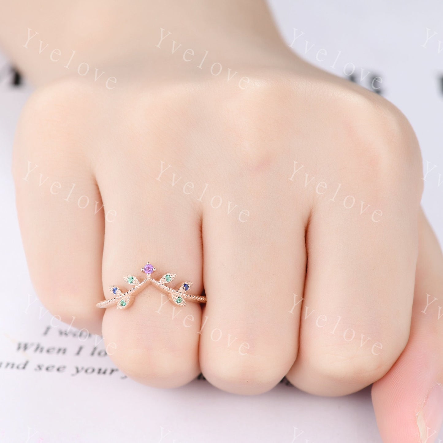Amethyst Leaf Engagement Ring,Emerald Matching Band,Women Sapphire Band,Art Deco V Curved Milgrain Wedding Band,14K Rose Gold Gift For Her