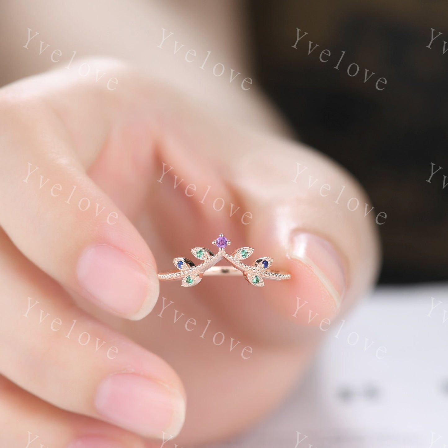 Amethyst Leaf Engagement Ring,Emerald Matching Band,Women Sapphire Band,Art Deco V Curved Milgrain Wedding Band,14K Rose Gold Gift For Her