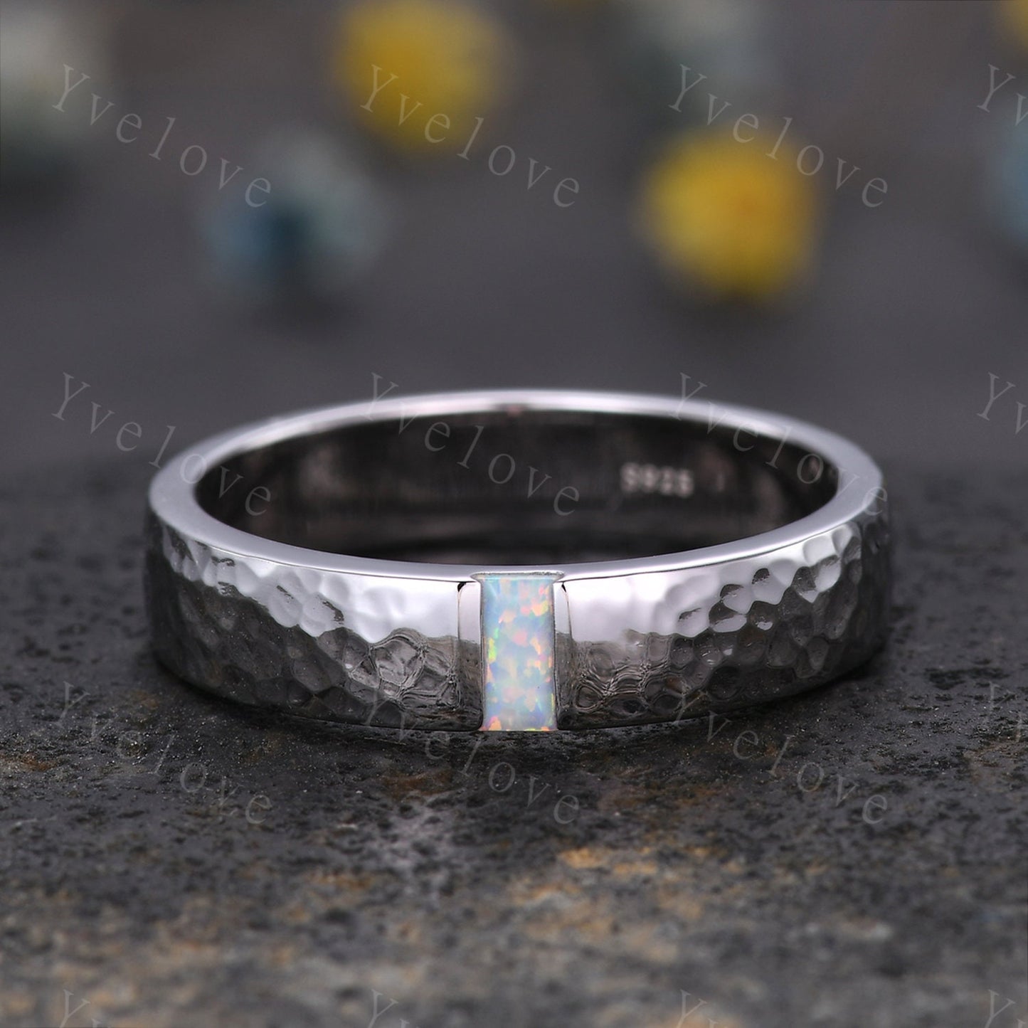 Mens White Fire Opal Wedding Band Baguette Cut Opal Band 5mm White Gold Ring Mens Hammered Stacking Matching Band Retro Vintage Ring Gift