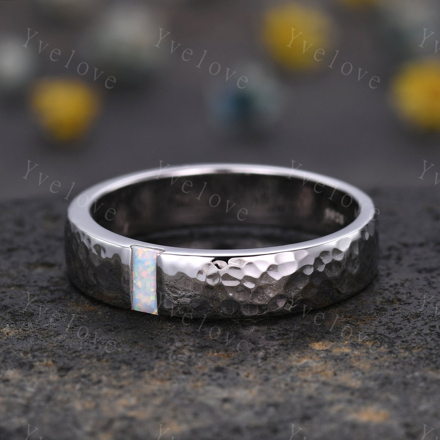 Mens White Fire Opal Wedding Band Baguette Cut Opal Band 5mm White Gold Ring Mens Hammered Stacking Matching Band Retro Vintage Ring Gift