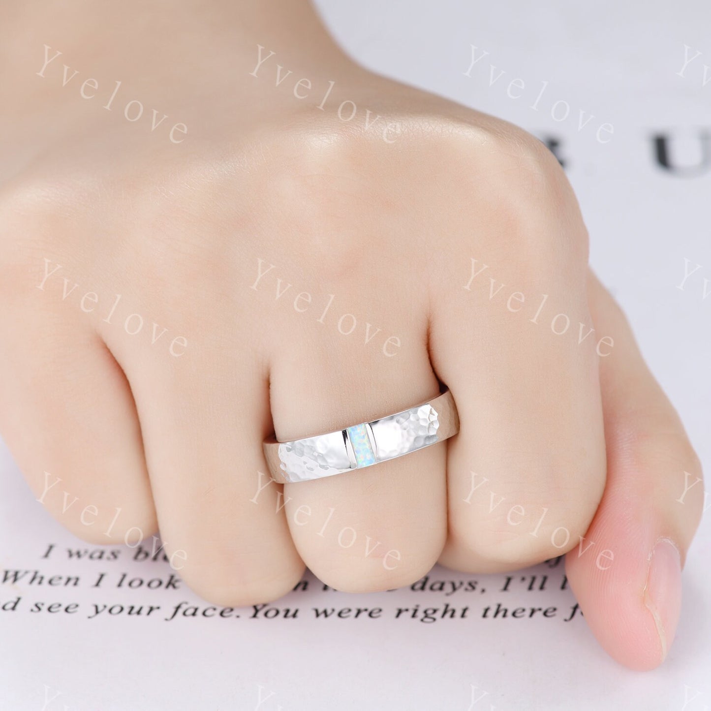 Mens White Fire Opal Wedding Band Baguette Cut Opal Band 5mm White Gold Ring Mens Hammered Stacking Matching Band Retro Vintage Ring Gift