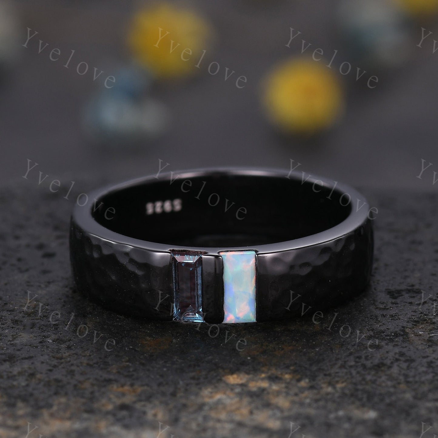 Mens Alexandrite Opal Wedding Band Baguette Cut Alexandrite Opal Ring Black Gold Ring Hammered Stacking Matching Band Retro Vintage Gift