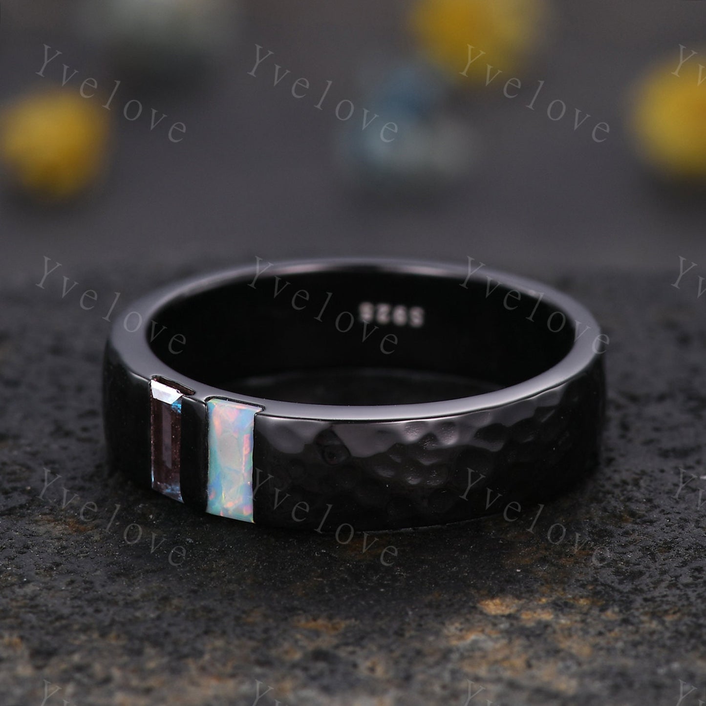 Mens Alexandrite Opal Wedding Band Baguette Cut Alexandrite Opal Ring Black Gold Ring Hammered Stacking Matching Band Retro Vintage Gift