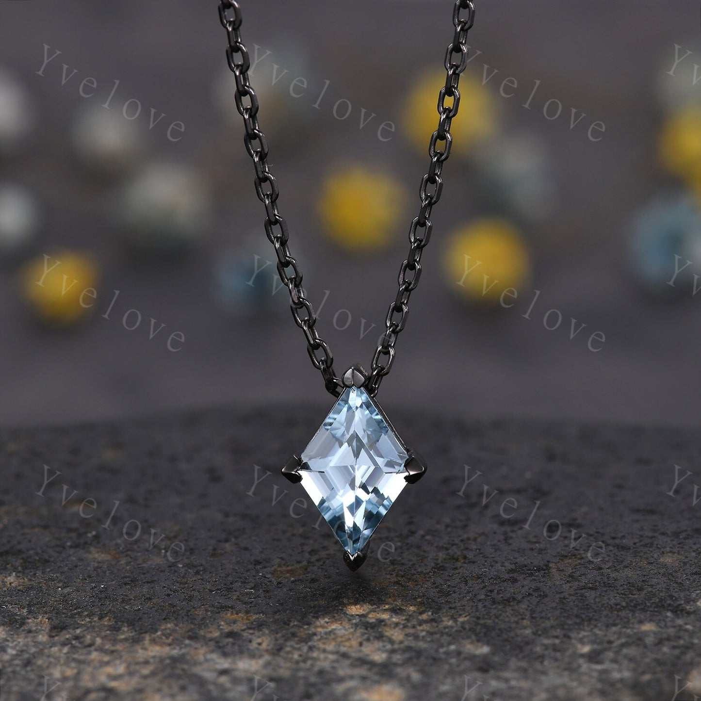 Unique lozenge shaped Aquamarine Pendant,Aquamarine Necklace,Art Deco Black Gold Necklace,March birthstone Women Bridal Anniversary Necklace