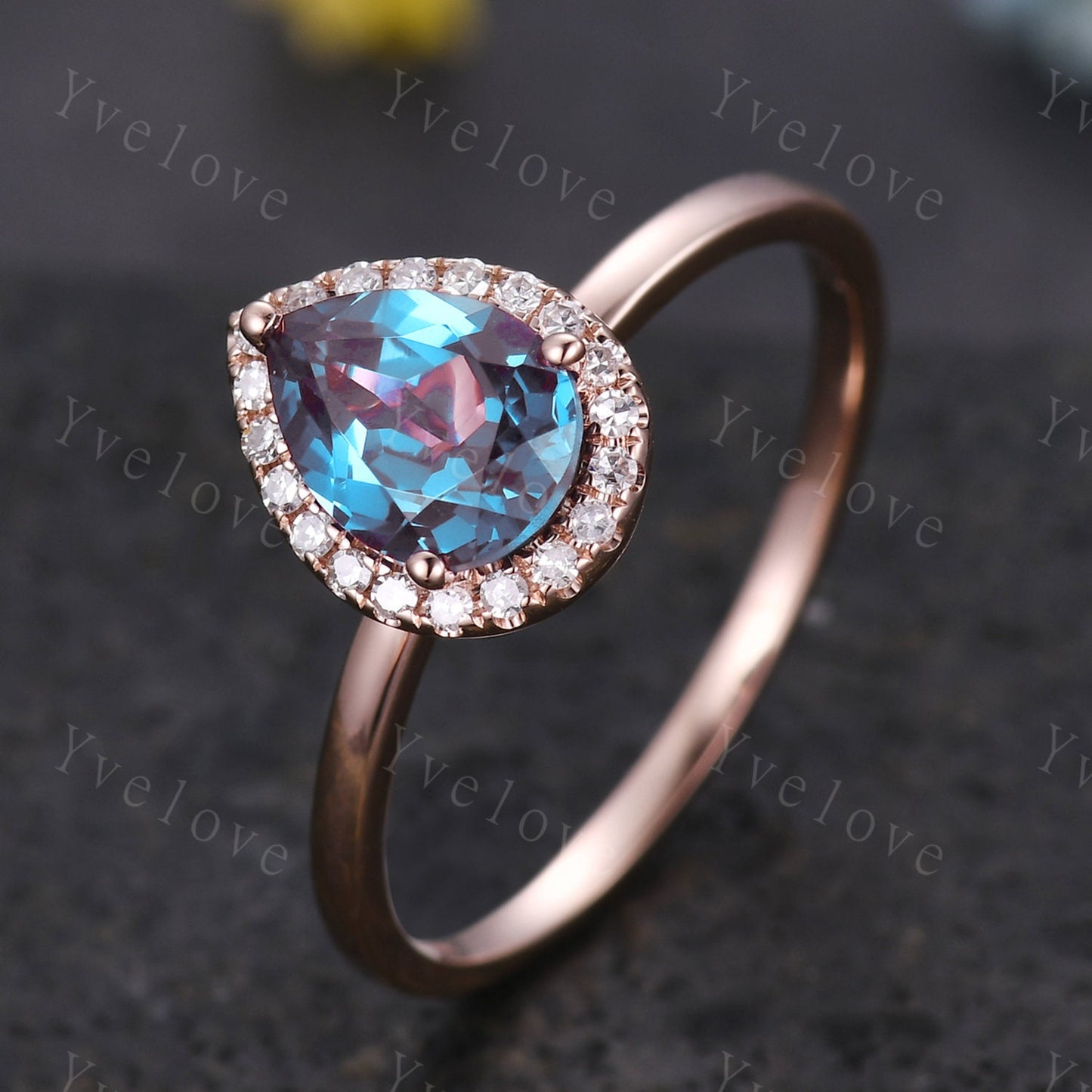 Pear cut alexandrite solitaire Ring,tear drop Alexandrite ring vintage solid 14k rose gold ring June birthstone wedding Anniversary ring