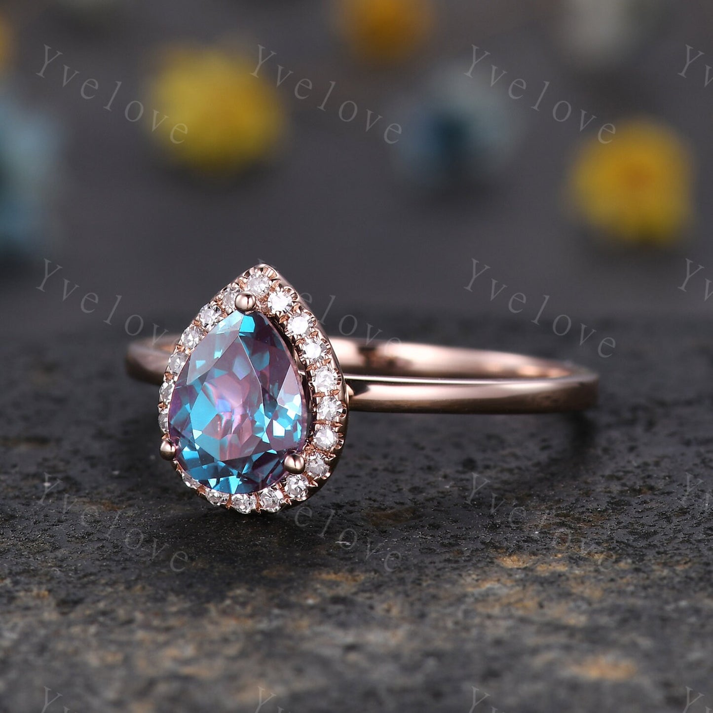 Pear cut alexandrite solitaire Ring,tear drop Alexandrite ring vintage solid 14k rose gold ring June birthstone wedding Anniversary ring