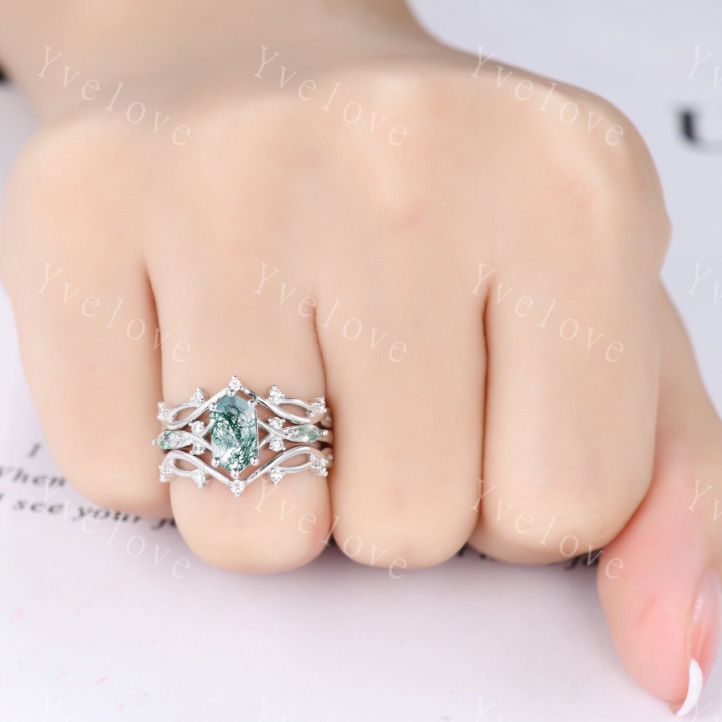 Unique Moss Agate Ring,Green Agate Engagement Ring,Bridal Set,Diamond Matching Stacking Wedding Band,Vine Twig Enhance Band,S925 Silver Ring