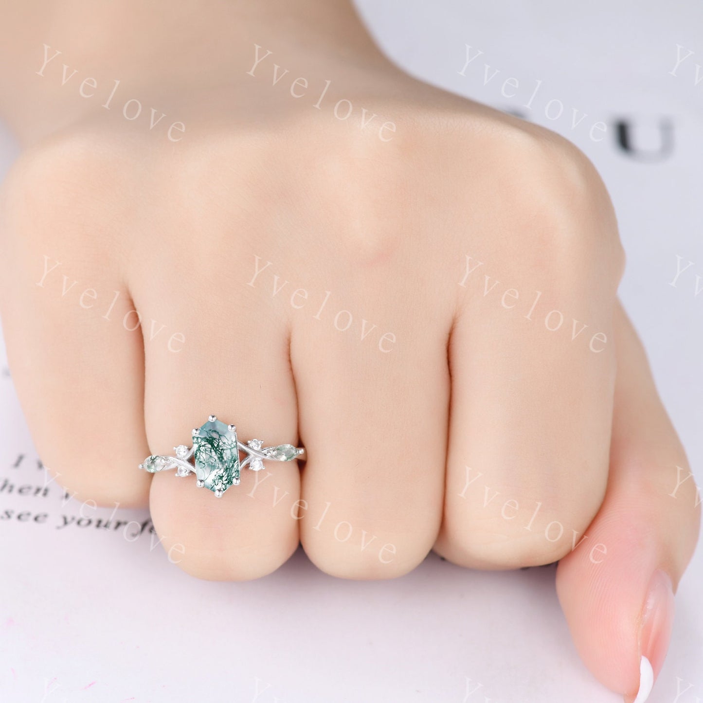 Unique Moss Agate Ring,Green Agate Engagement Ring,Bridal Set,Diamond Matching Stacking Wedding Band,Vine Twig Enhance Band,S925 Silver Ring