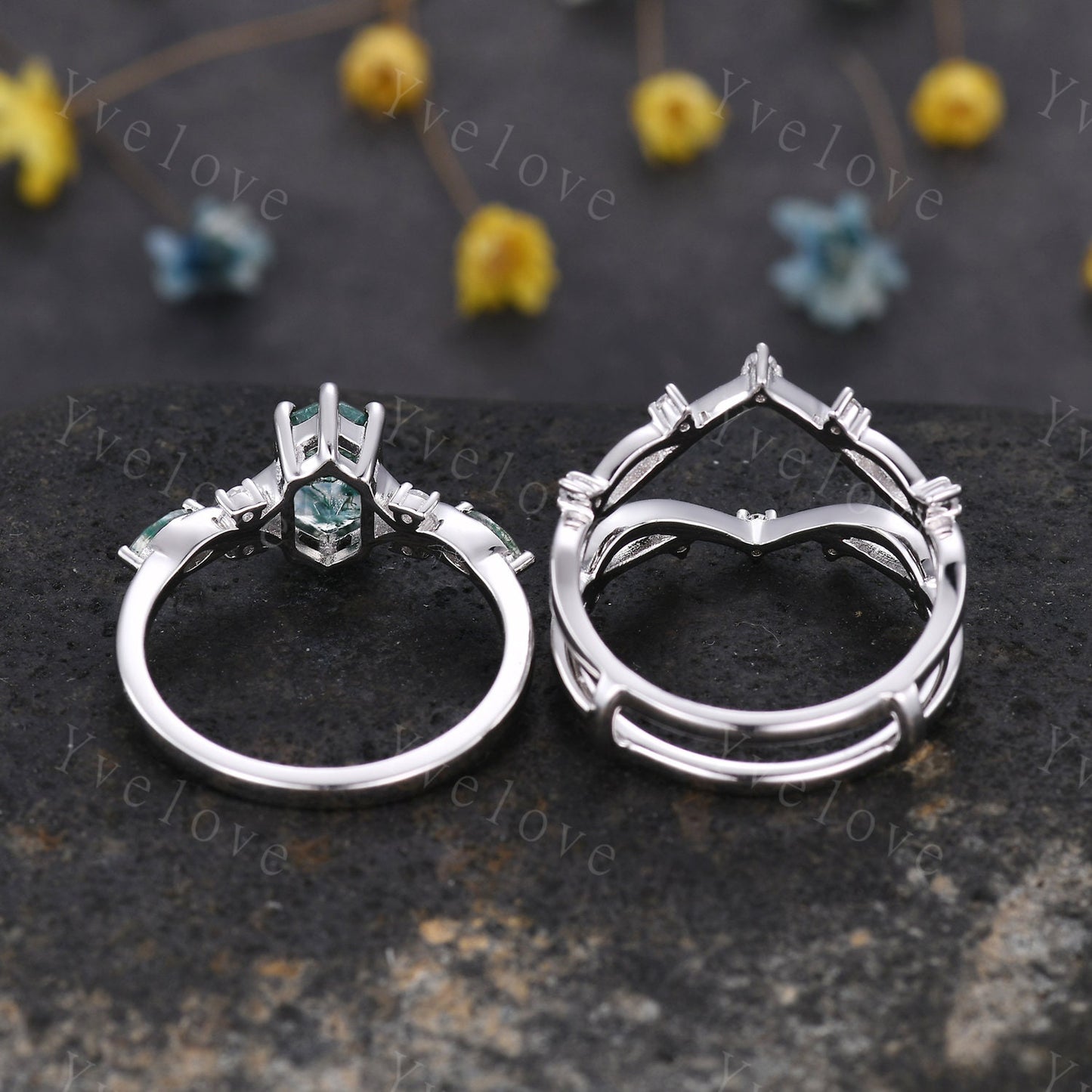 Unique Moss Agate Ring,Green Agate Engagement Ring,Bridal Set,Diamond Matching Stacking Wedding Band,Vine Twig Enhance Band,S925 Silver Ring