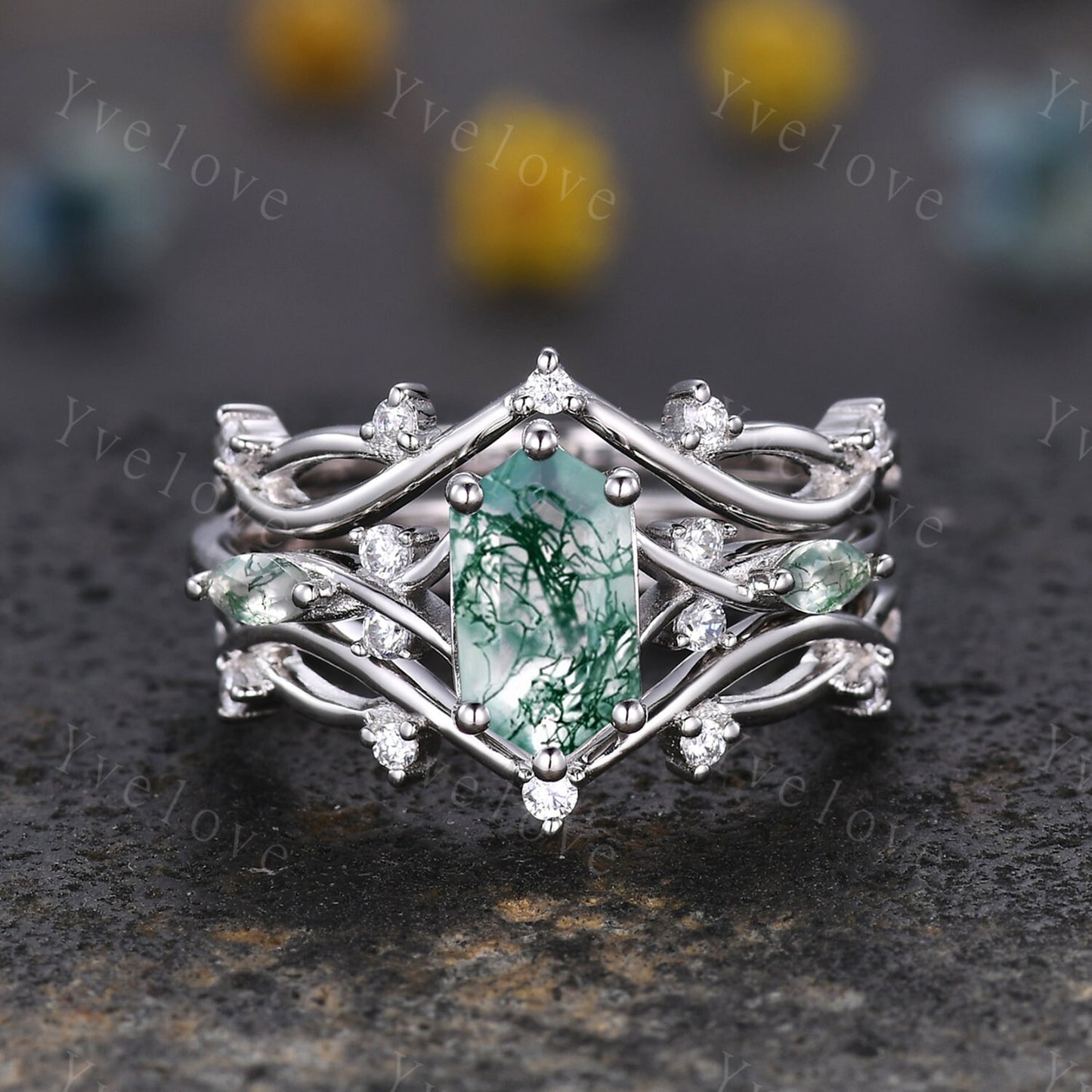 Hexagon Moss Agate Ring,Green Agate Engagement Ring,Marquise Moss Agate,Moissanite Matching Stacking Wedding Band,Art Deco Ring for women