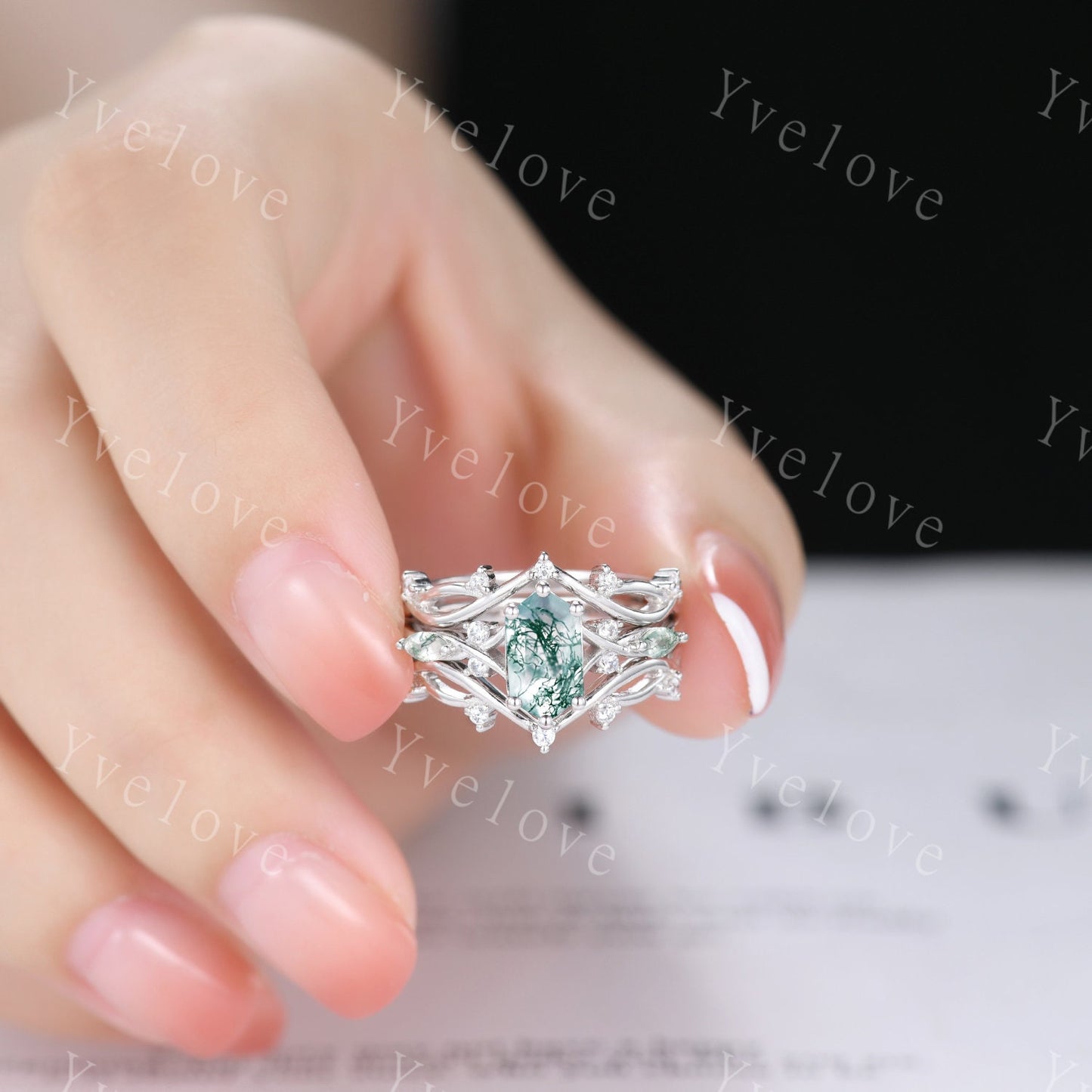 Hexagon Moss Agate Ring,Green Agate Engagement Ring,Marquise Moss Agate,Moissanite Matching Stacking Wedding Band,Art Deco Ring for women