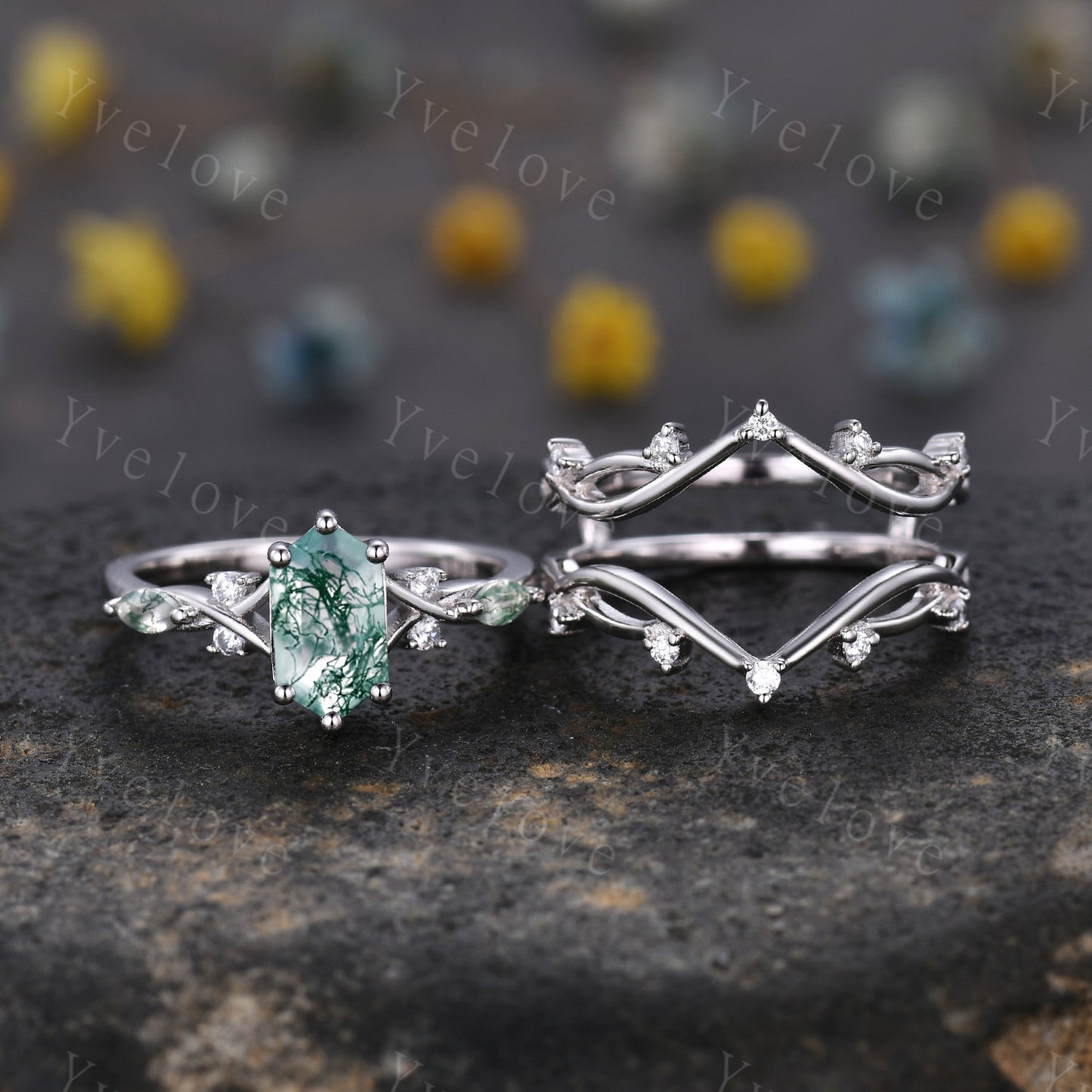 Unique Moss Agate Ring,Green Agate Engagement Ring,Bridal Set,Diamond Matching Stacking Wedding Band,Vine Twig Enhance Band,S925 Silver Ring