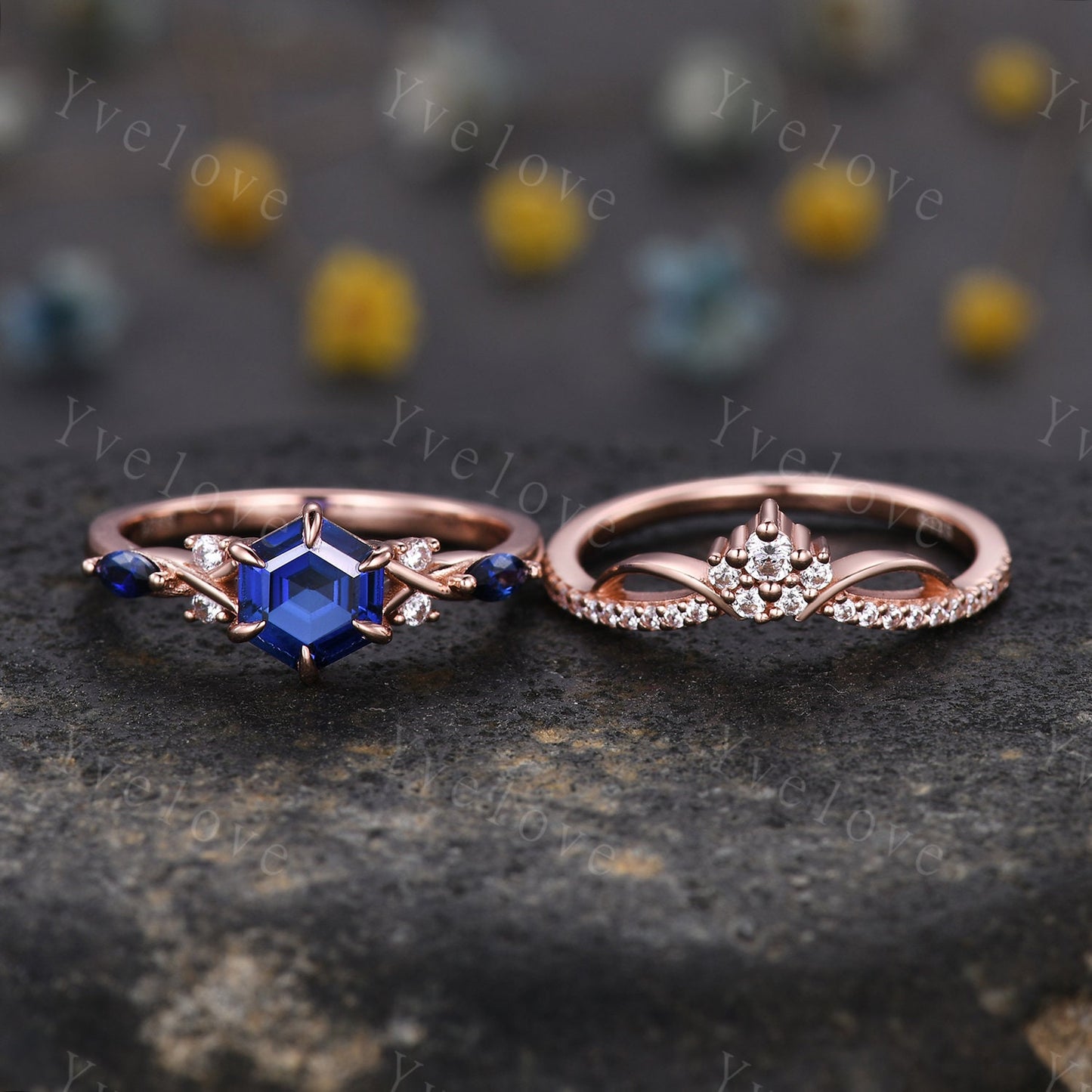 Vintage sapphire engagement ring hexagon sapphire ring rose gold unique floral personalized ring bridal set art deco anniversary ring gift