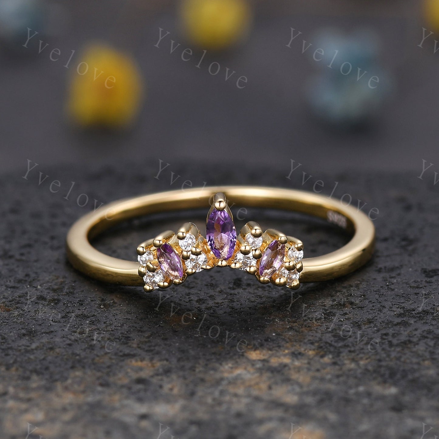 Dainty Amethyst Wedding Band Moissanite Wedding Ring Marquise Amethyst Engagement Ring Stacking Matching Ring Curved Wedding Band Women Gift