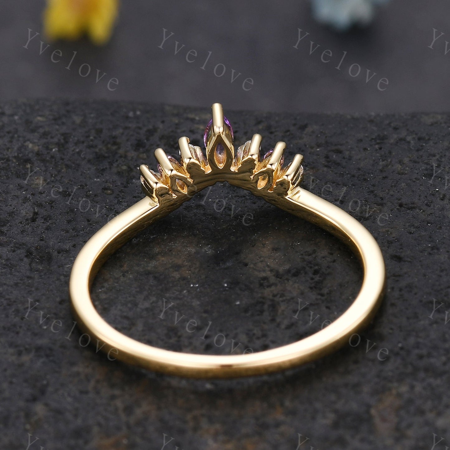 Dainty Amethyst Wedding Band Moissanite Wedding Ring Marquise Amethyst Engagement Ring Stacking Matching Ring Curved Wedding Band Women Gift