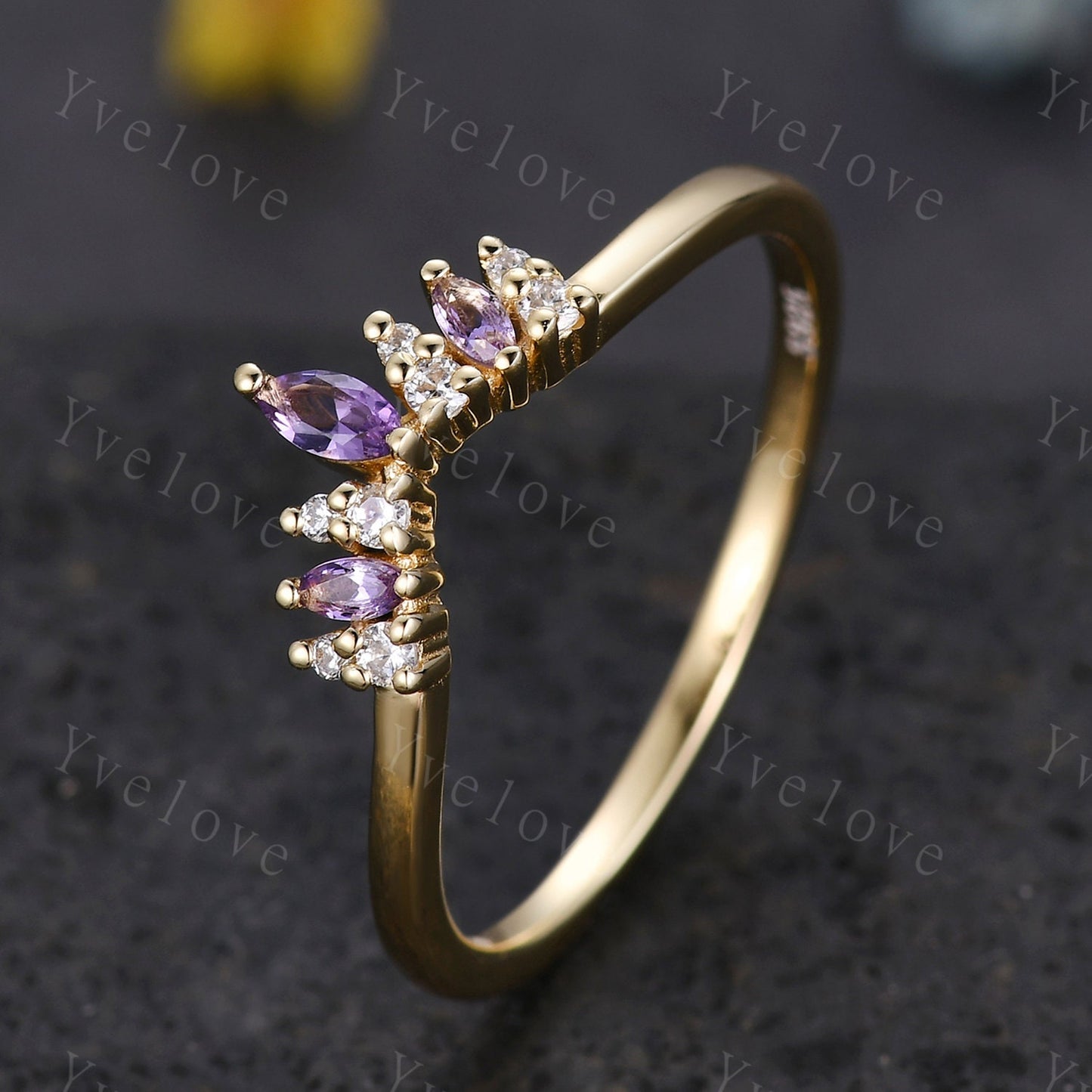 Dainty Amethyst Wedding Band Moissanite Wedding Ring Marquise Amethyst Engagement Ring Stacking Matching Ring Curved Wedding Band Women Gift
