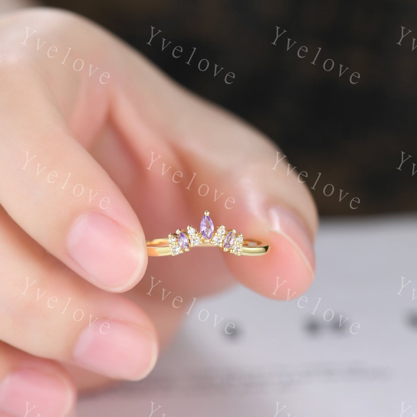 Dainty Amethyst Wedding Band Moissanite Wedding Ring Marquise Amethyst Engagement Ring Stacking Matching Ring Curved Wedding Band Women Gift