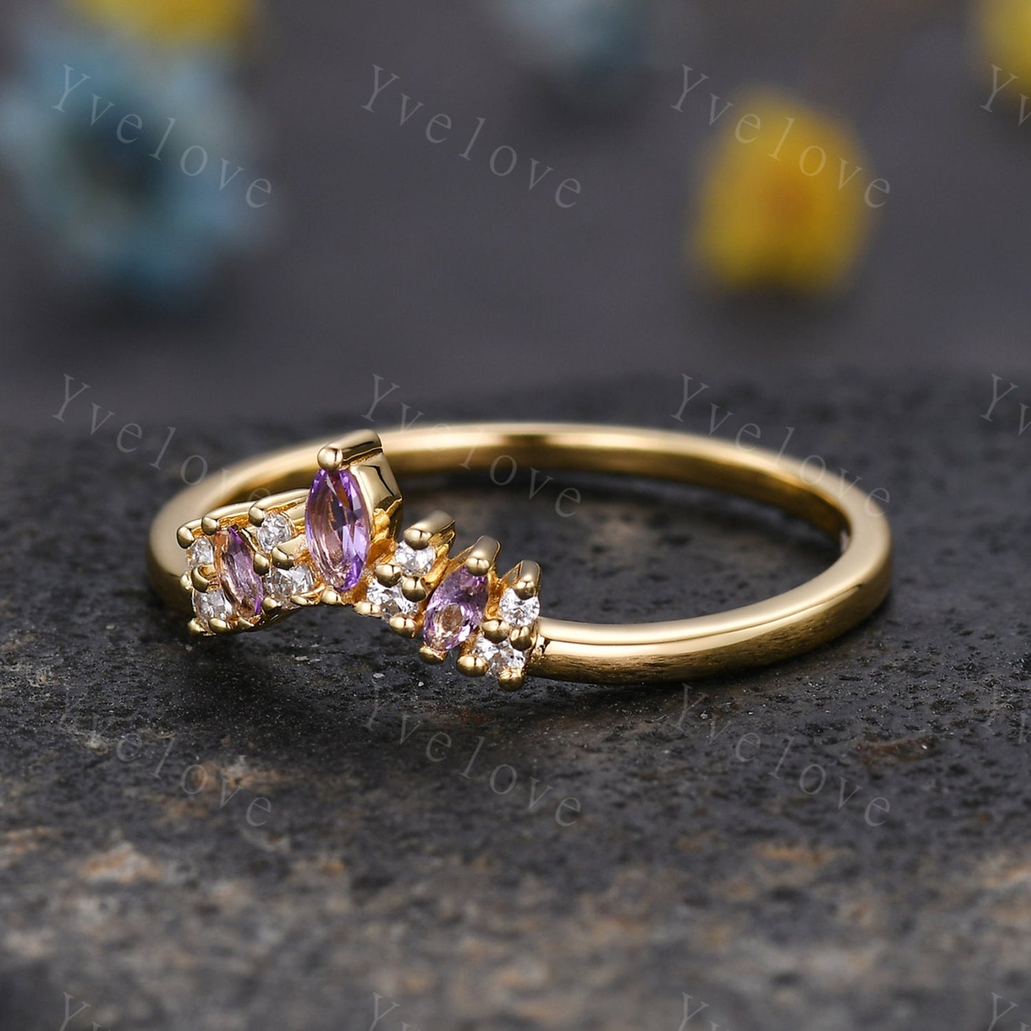 Dainty Amethyst Wedding Band Moissanite Wedding Ring Marquise Amethyst Engagement Ring Stacking Matching Ring Curved Wedding Band Women Gift