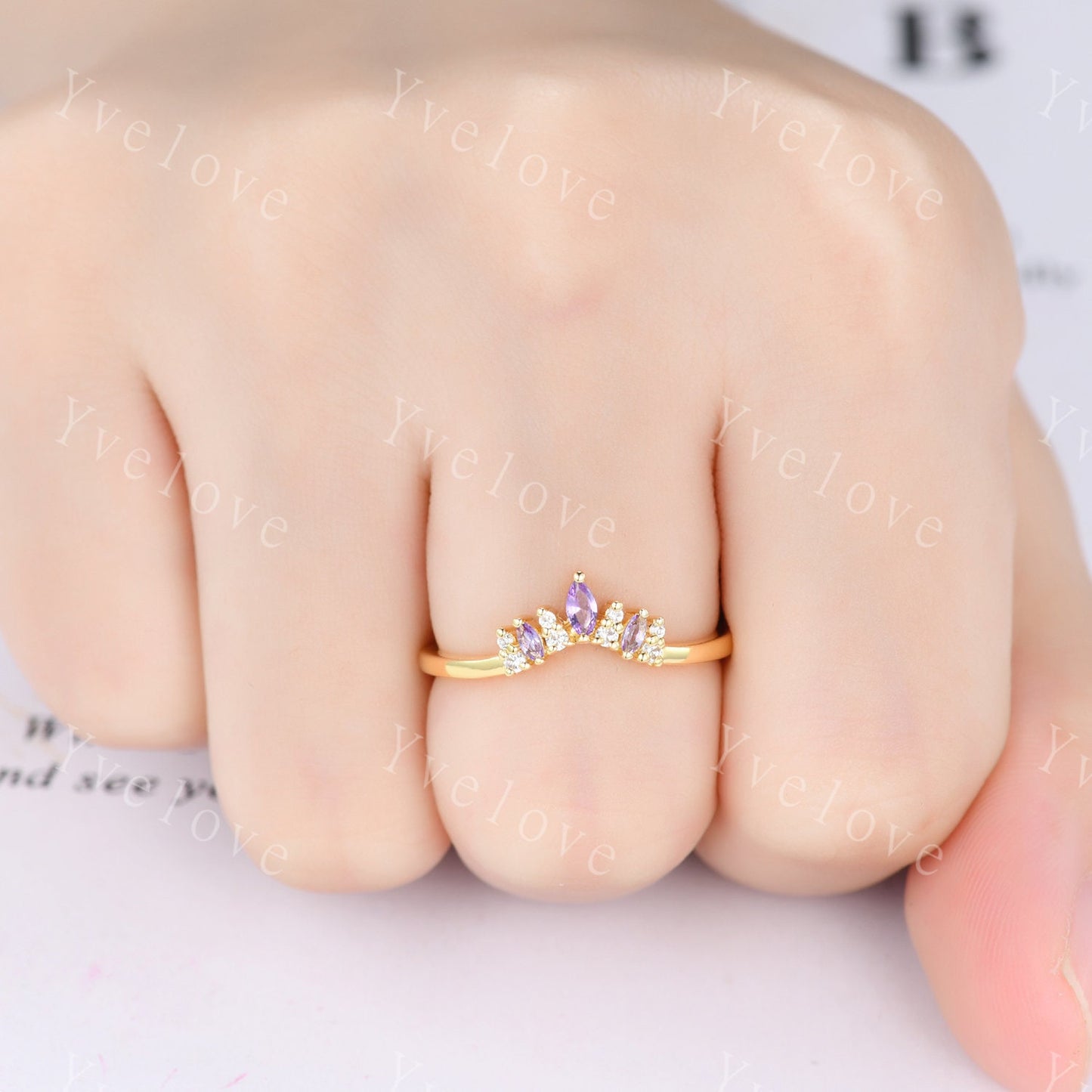 Dainty Amethyst Wedding Band Moissanite Wedding Ring Marquise Amethyst Engagement Ring Stacking Matching Ring Curved Wedding Band Women Gift