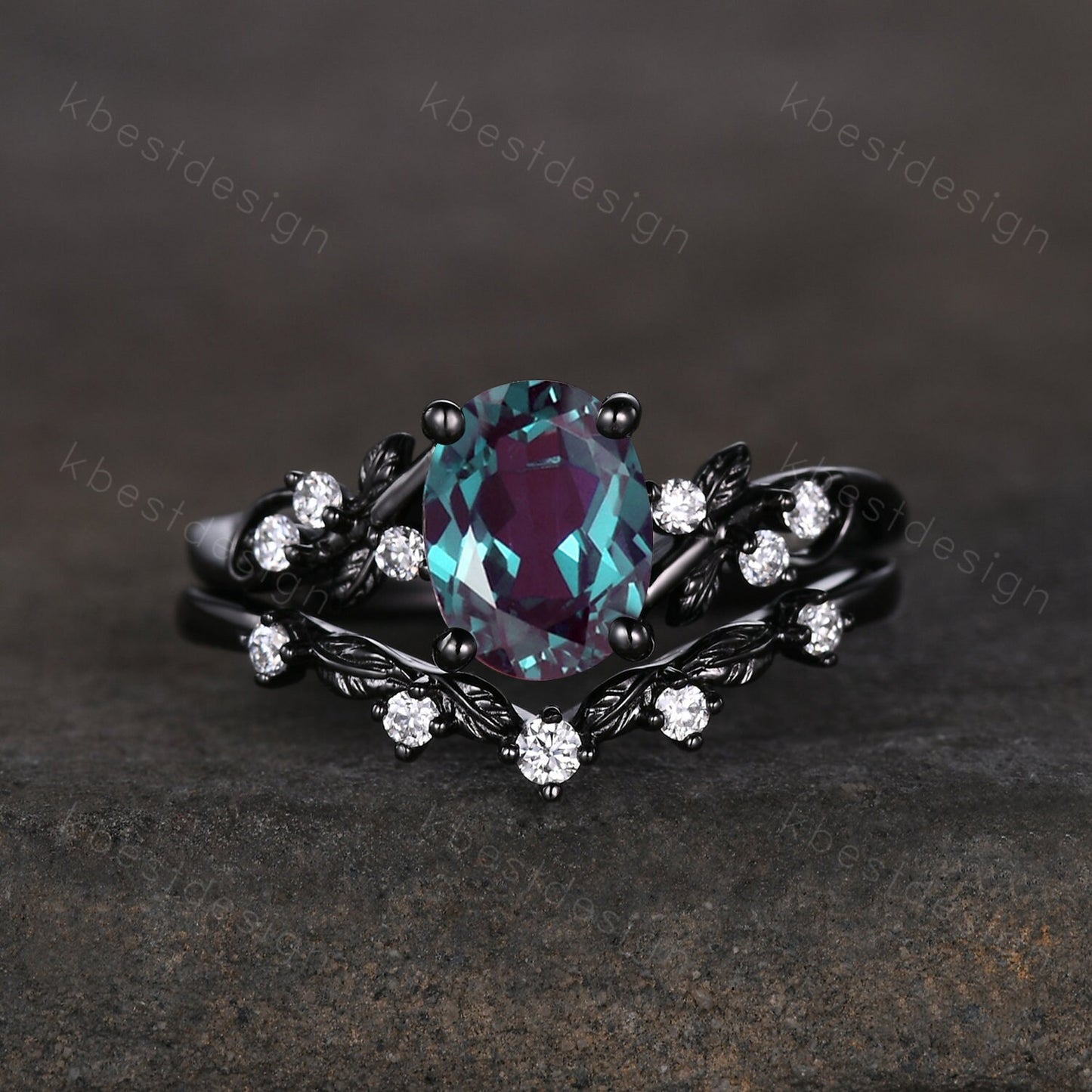 Vintage oval Alexandrite engagement ring set black gold twig leaf moissanite ring June birthstone unique art deco bridal wedding ring set