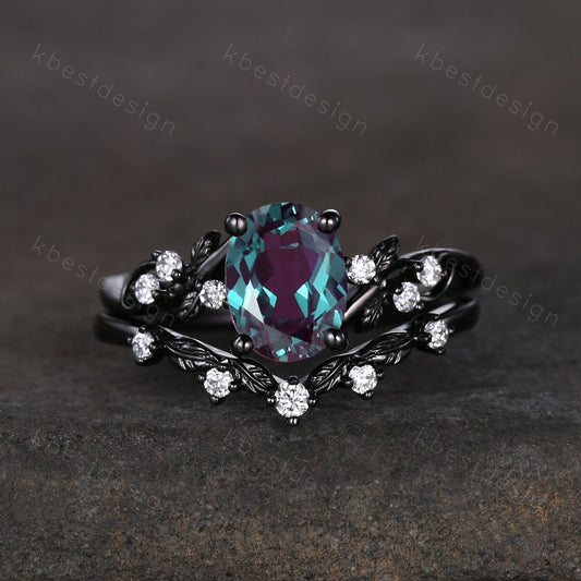 Vintage oval Alexandrite engagement ring set black gold twig leaf moissanite ring June birthstone unique art deco bridal wedding ring set