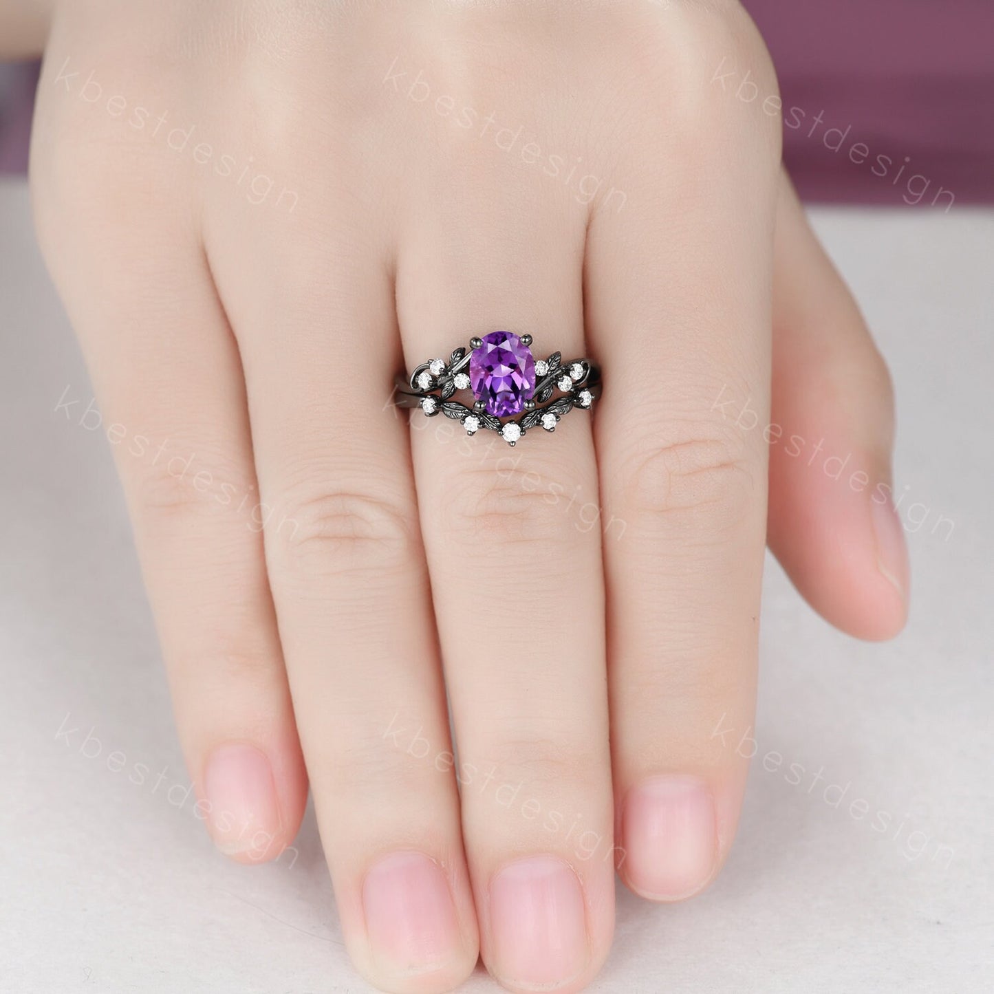 Vintage amethyst engagement ring set black gold twig leaf moissanite ring oval cut bridal ring set unique art deco promise anniversary ring