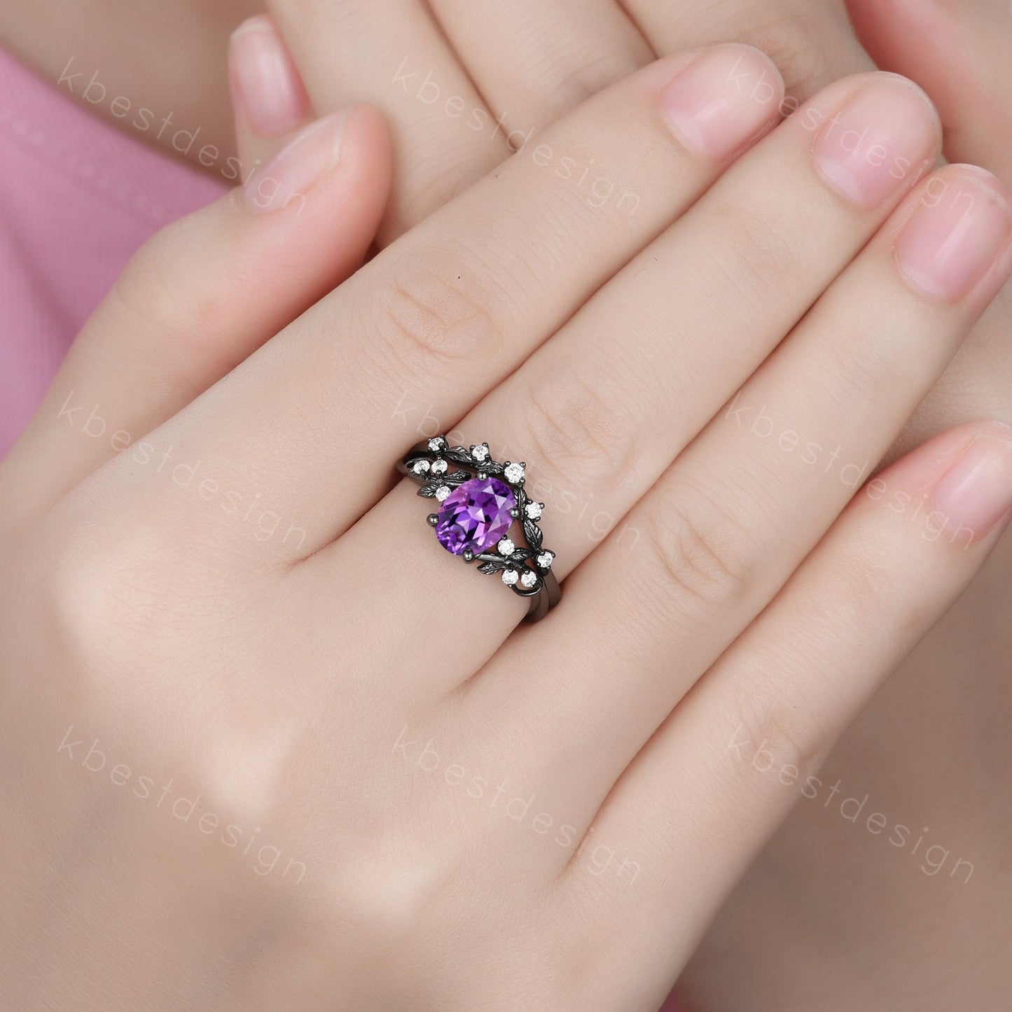 Vintage amethyst engagement ring set black gold twig leaf moissanite ring oval cut bridal ring set unique art deco promise anniversary ring