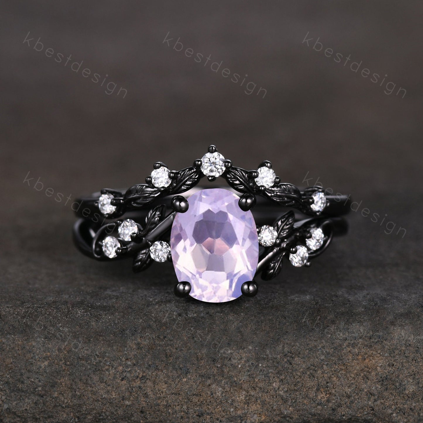 Oval cut Lavender Amethyst Engagement Ring Set Black Gold Rings Unique Art Deco Amethyst Ring For Women Twig Leaf Moissantie Wedding Ring