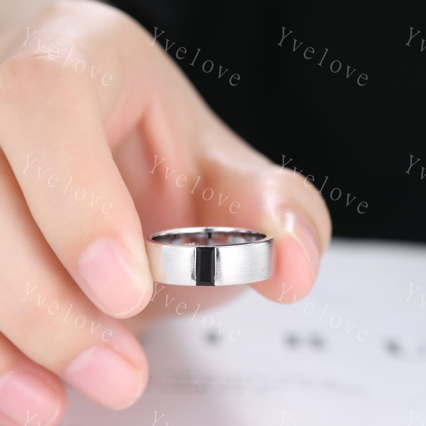 6mm Mens Black Onyx Wedding Band Brushed Baguette Black Onyx Ring Platinum Ring Men Stacking Matching Band Retro Vintage Gift For Husband