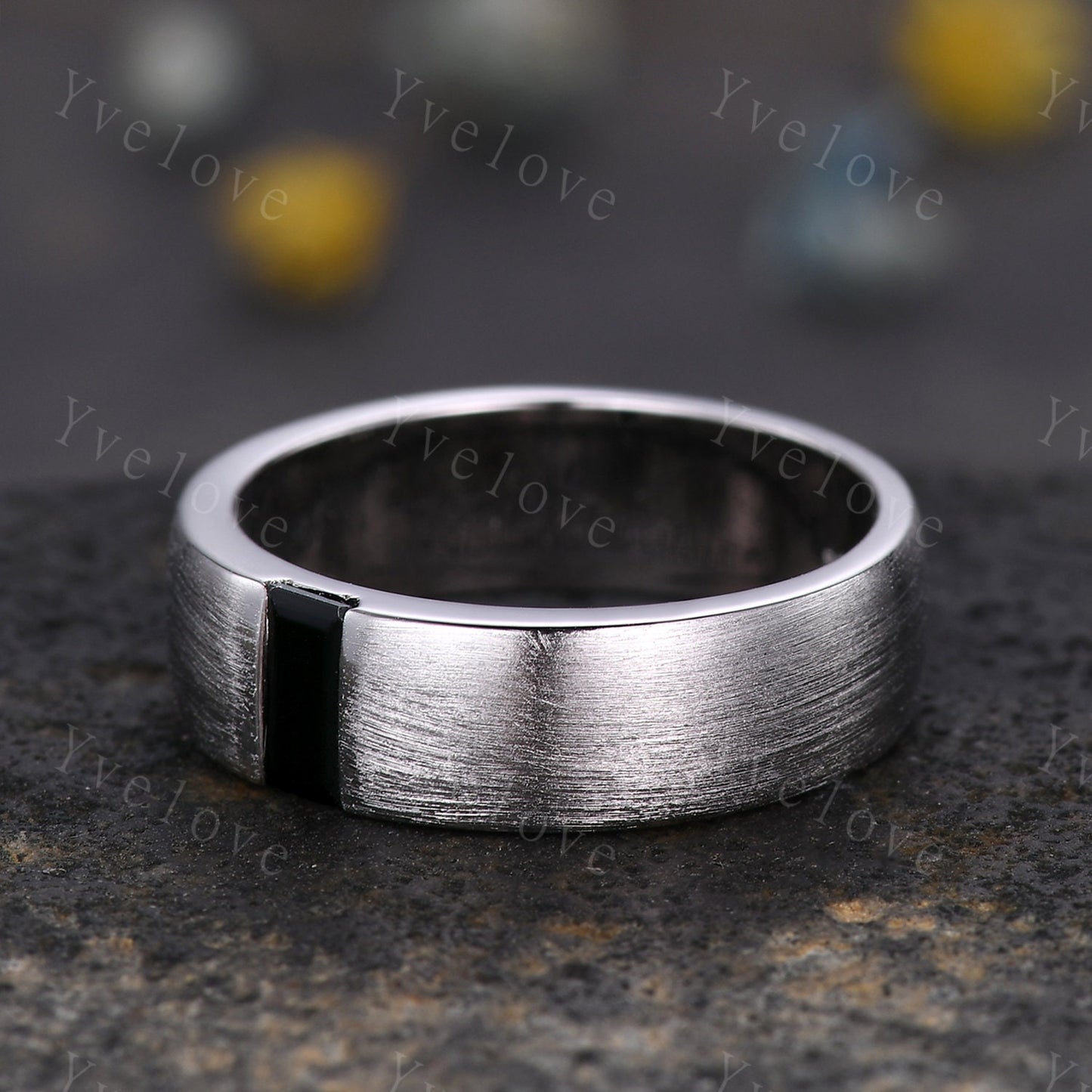 6mm Mens Black Onyx Wedding Band Brushed Baguette Black Onyx Ring Platinum Ring Men Stacking Matching Band Retro Vintage Gift For Husband