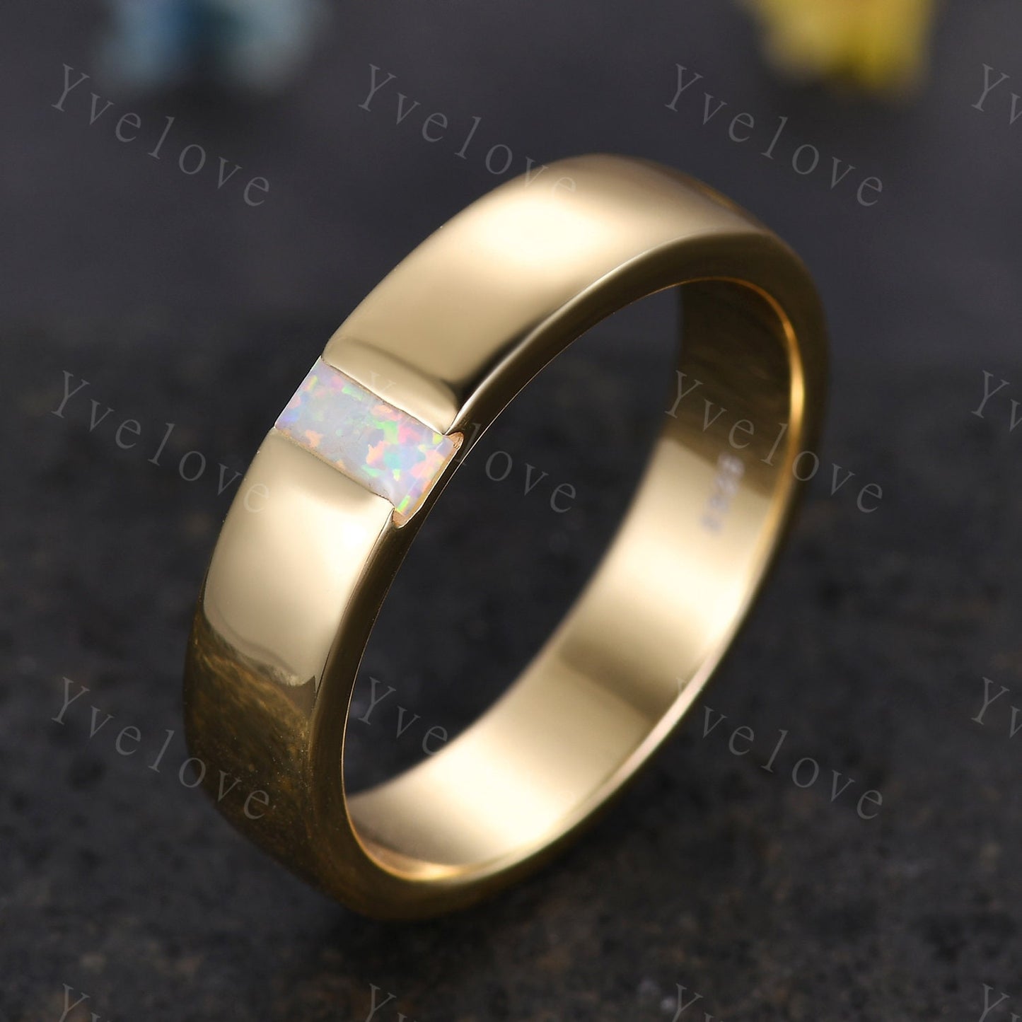 Mens White Opal Wedding Band Baguette Cut Opal Plain Band 5mm Solid Gold Ring Mens Solitaire Stacking Matching Band Retro Vintage Ring Gift