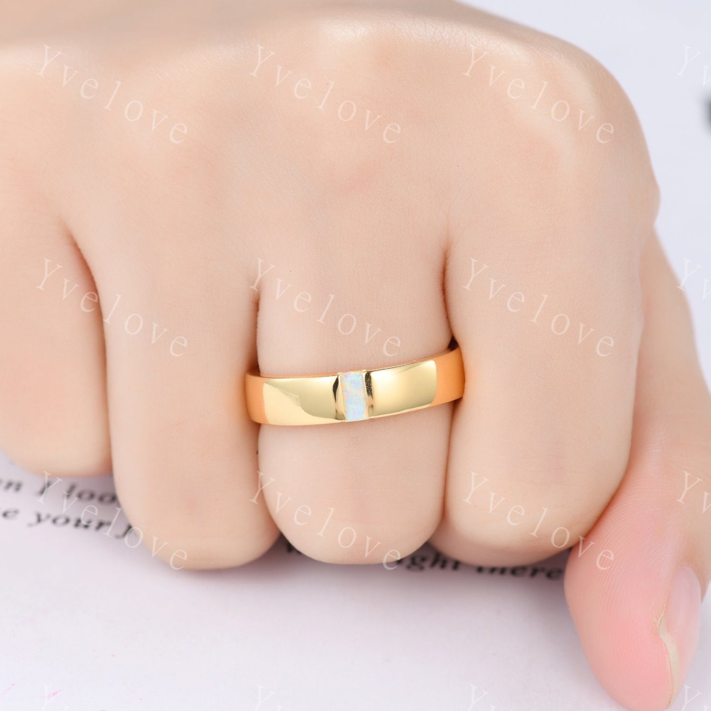 Mens White Opal Wedding Band Baguette Cut Opal Plain Band 5mm Solid Gold Ring Mens Solitaire Stacking Matching Band Retro Vintage Ring Gift