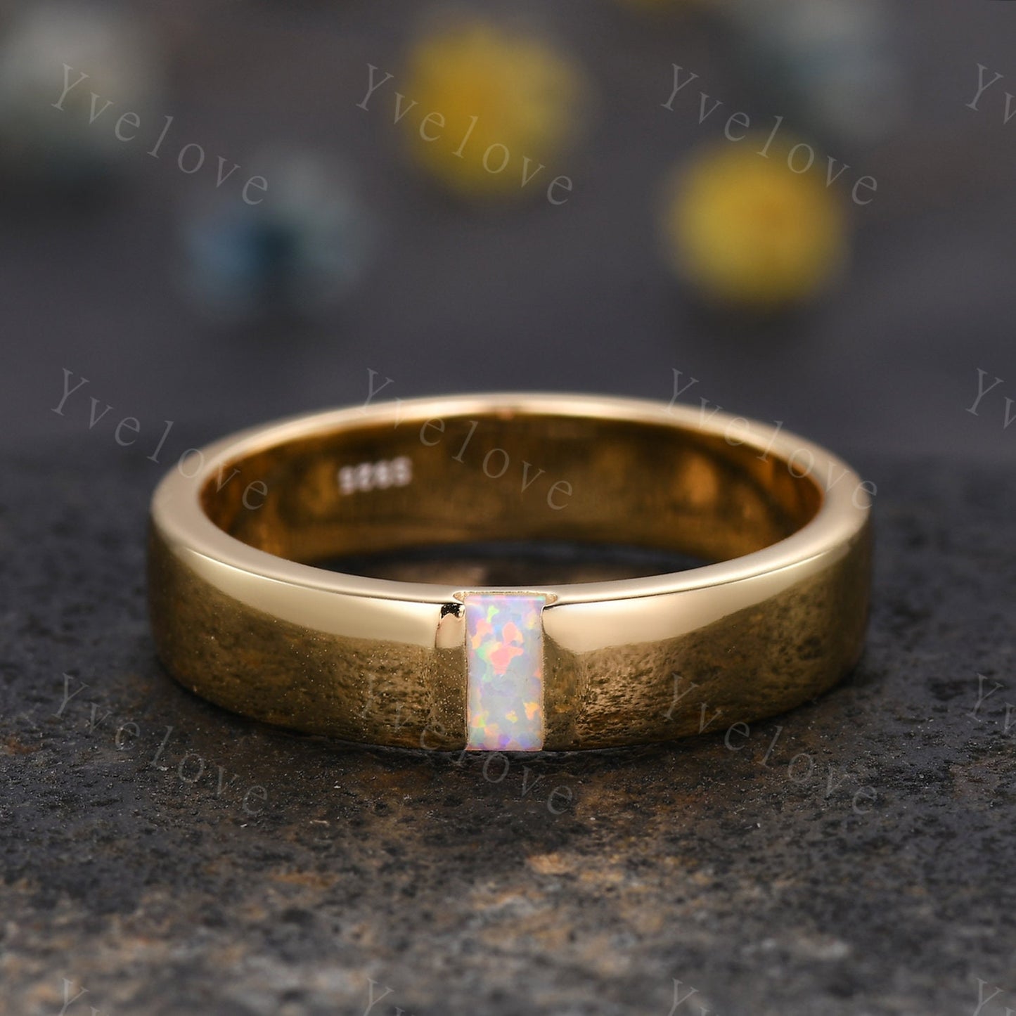 Mens White Opal Wedding Band Baguette Cut Opal Plain Band 5mm Black Gold Ring Mens Solitaire Stacking Matching Band Retro Vintage Ring Gift
