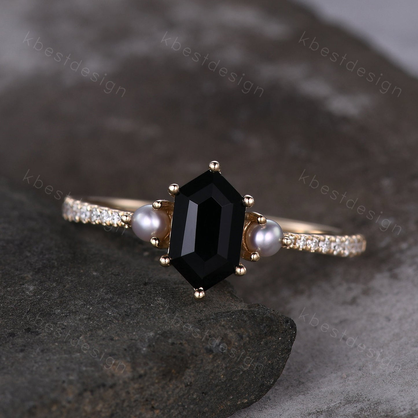 Retro vintage black onyx ring solid gold hexagon cut engagement ring unique pearl three stone ring unique black gemstone promise gift