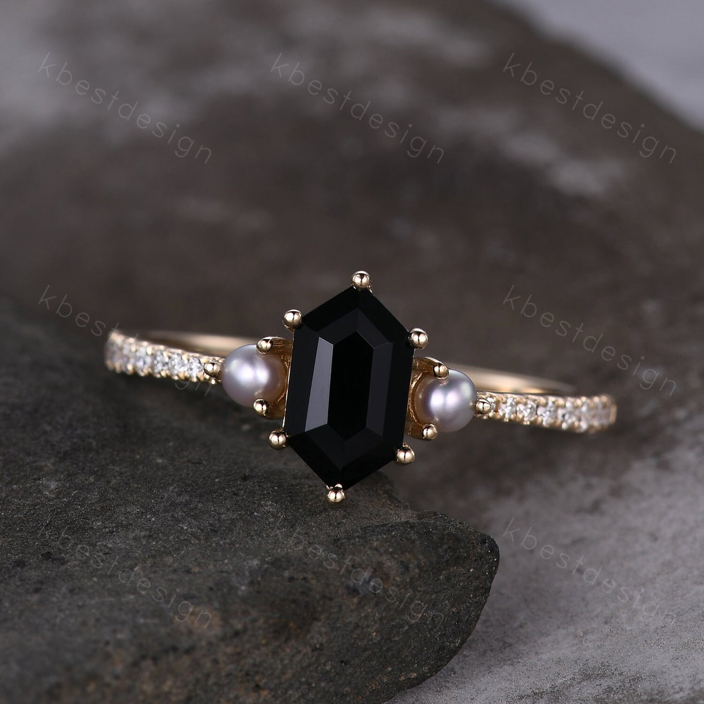 Vintage black onyx ring silver gold ring retro hexagon cut engagement ring unique pearl three stone ring unique black gemstone promise ring
