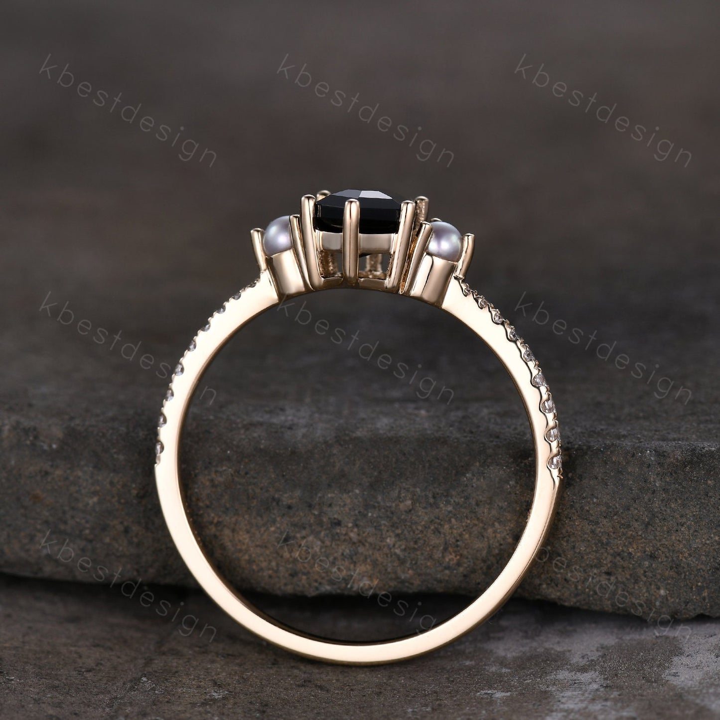 Retro vintage black onyx ring solid gold hexagon cut engagement ring unique pearl three stone ring unique black gemstone promise gift