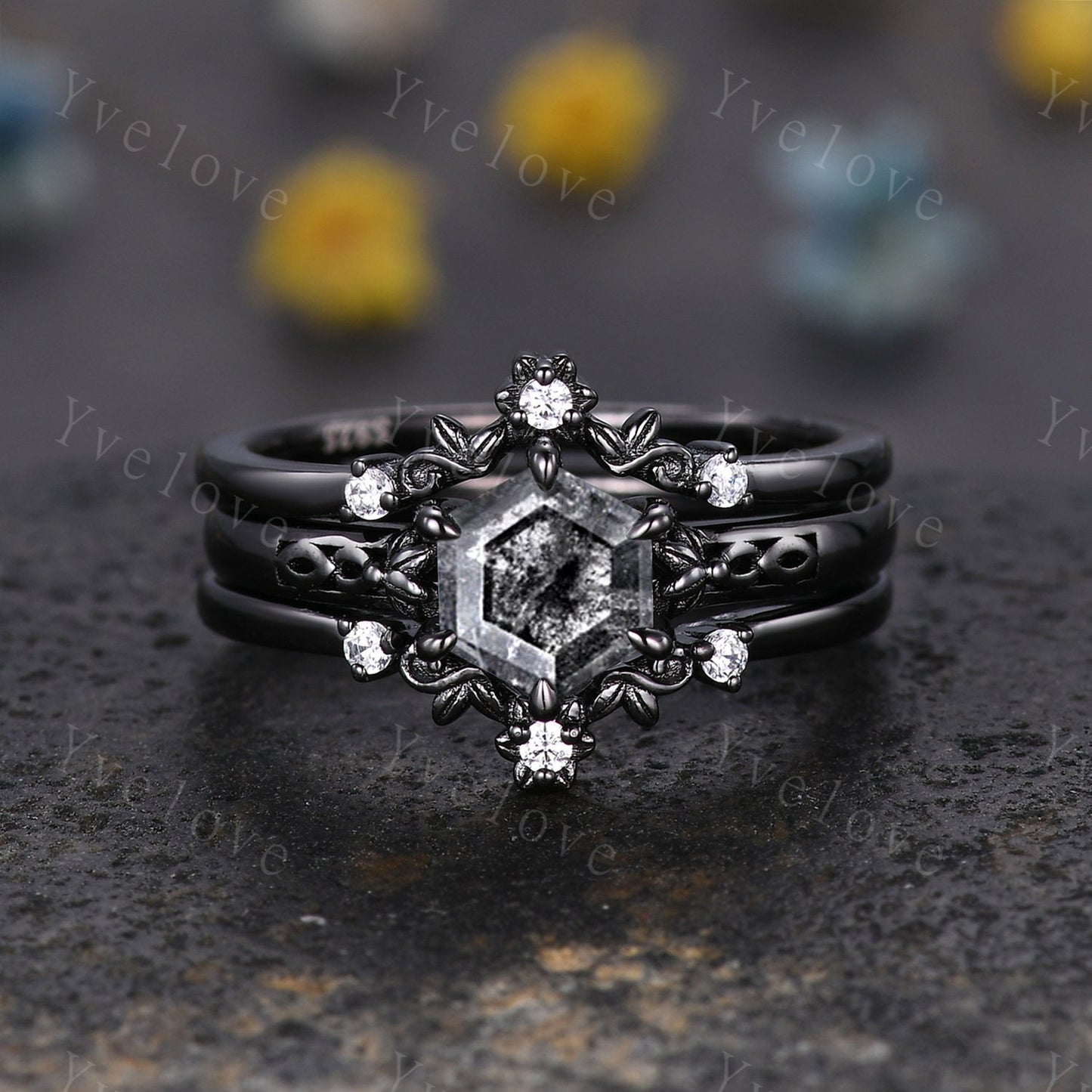 Hexagon Shaped Salt and Pepper Diamond Engagement Ring Vintage Black Diamond Wedding Band Art Deco Bridal  Ring For Women Promise Ring Gift