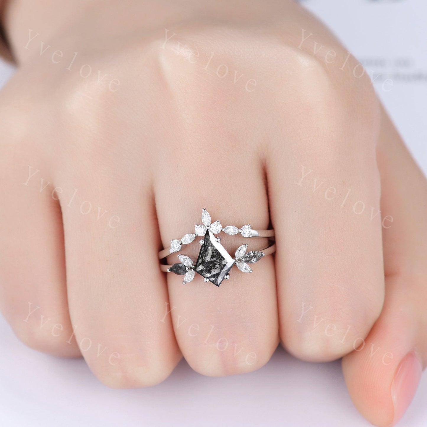 Custom order, replace the main stone to black rutilated quartz, moissanite as the side stones, a set, platinum.