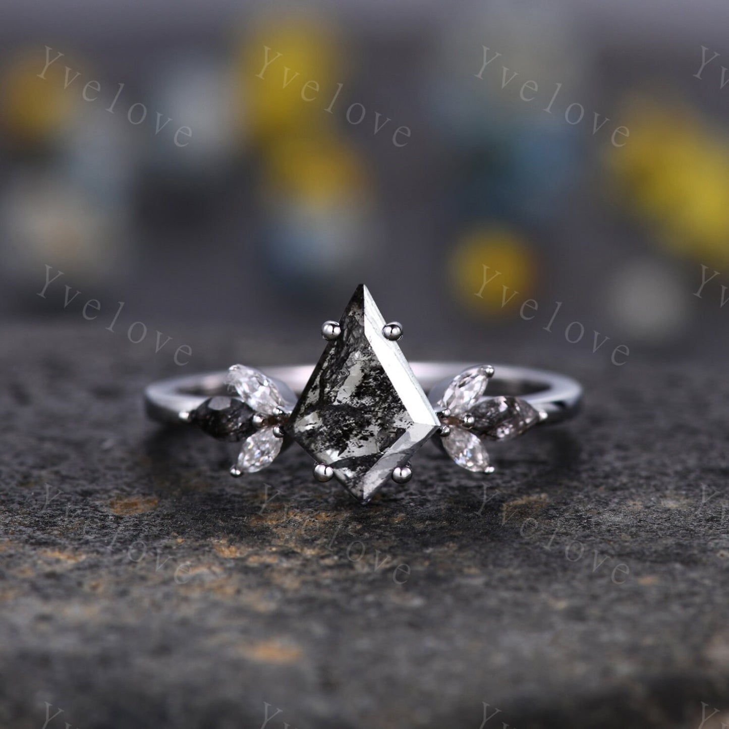 Vintage Kite shaped Salt Pepper Diamond Engagement Ring Set,Unique Bridal Set,Marquise Black Rutilated Quartz,White Gold Anniversary Ring