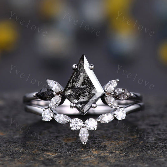 Vintage Kite shaped Salt Pepper Diamond Engagement Ring Set,Unique Bridal Set,Marquise Black Rutilated Quartz,White Gold Anniversary Ring