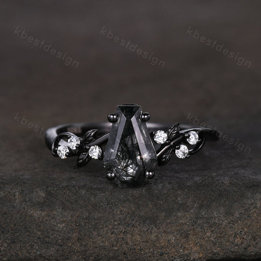 Coffin cut black rutilated quartz engagement ring Gothic Black gold ring Art deco leaf design moissanite Bridal ring Unique twist ring