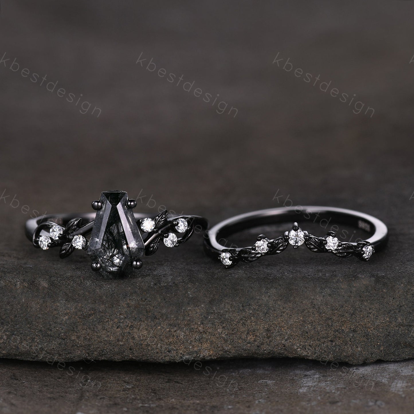 Gothic Black Gold Black Rutilated Quartz Engagement Ring Art Deco Branch Design Leaf Wedding Ring Coffin cut Ring Unique Moissanite Ring Set