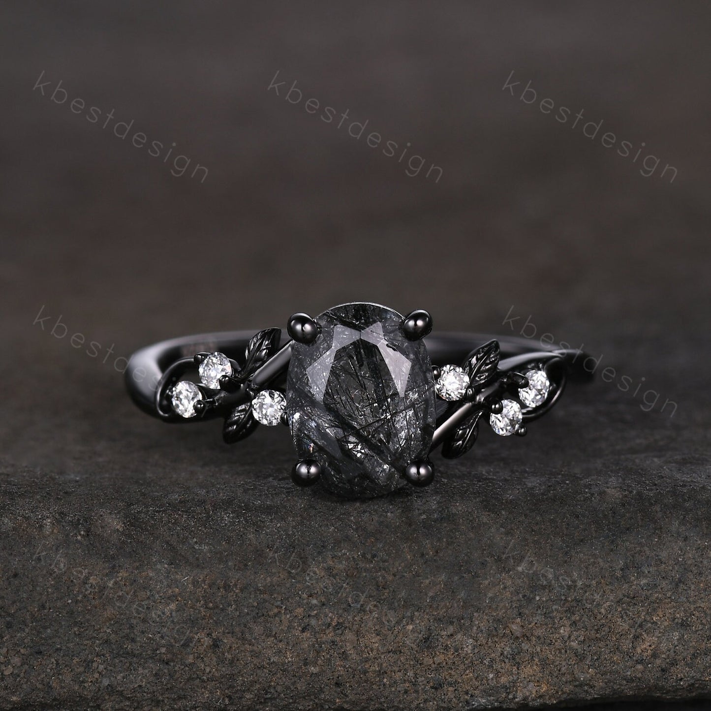 Vintage Oval Black Rutilated Quartz Engagement Ring Set,Black Gold,Branch Leaf Stacking Band,Women Bridal Set,Unique Twig Moissanite Rings