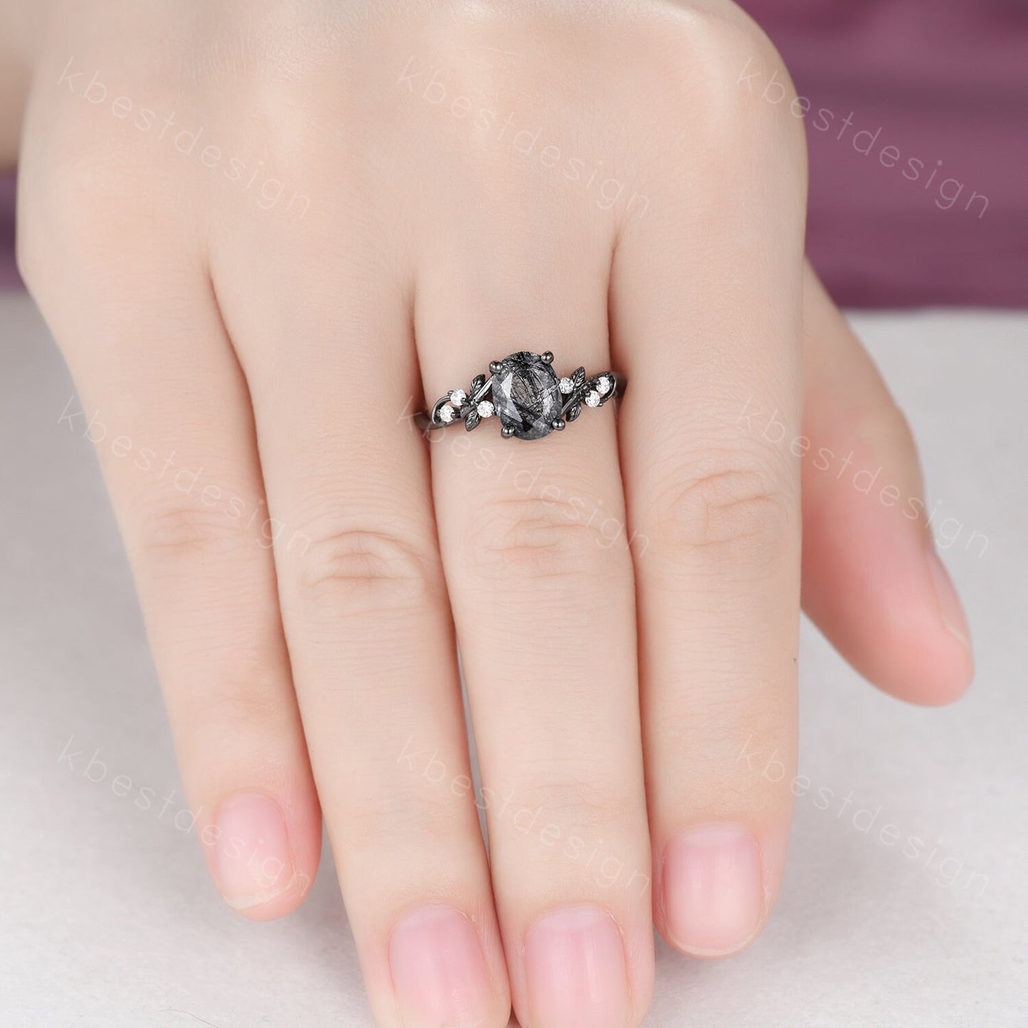 Vintage Oval Black Rutilated Quartz Engagement Ring Set,Black Gold,Branch Leaf Stacking Band,Women Bridal Set,Unique Twig Moissanite Rings