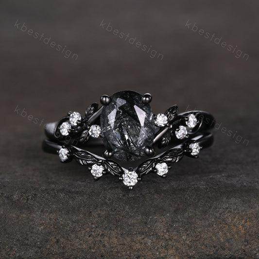 Vintage Oval Black Rutilated Quartz Engagement Ring Set,Black Gold,Branch Leaf Stacking Band,Women Bridal Set,Unique Twig Moissanite Rings