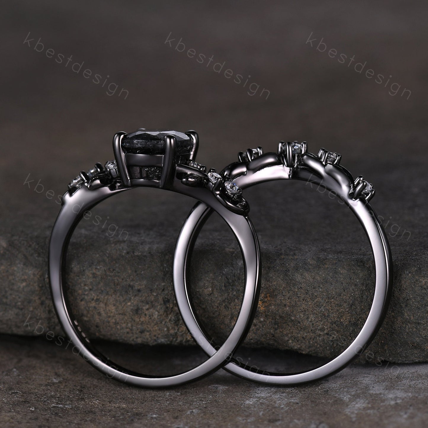 Vintage Oval Black Rutilated Quartz Engagement Ring Set,Black Gold,Branch Leaf Stacking Band,Women Bridal Set,Unique Twig Moissanite Rings