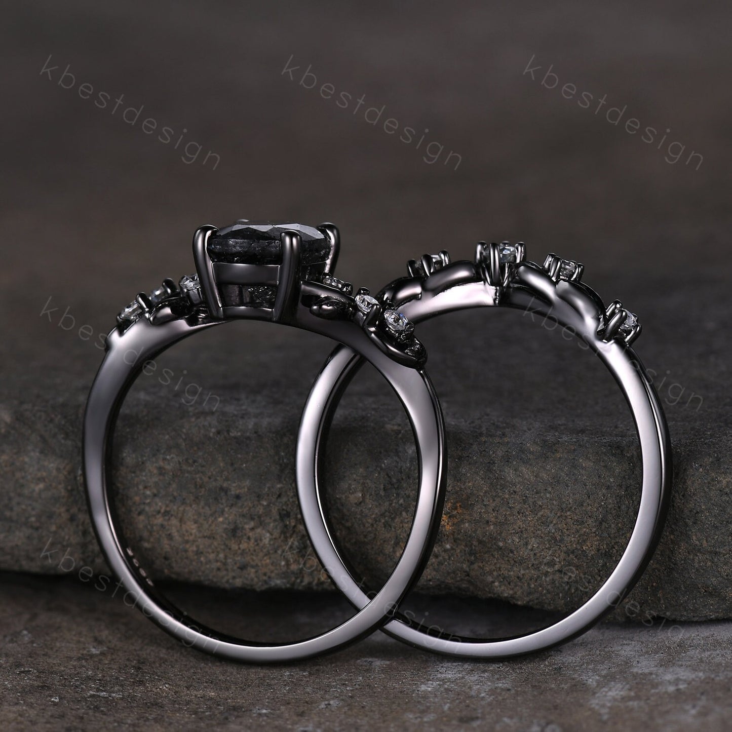 Vintage Oval Black Rutilated Quartz Engagement Ring Set,Black Gold,Branch Leaf Stacking Band,Women Bridal Set,Unique Twig Moissanite Rings