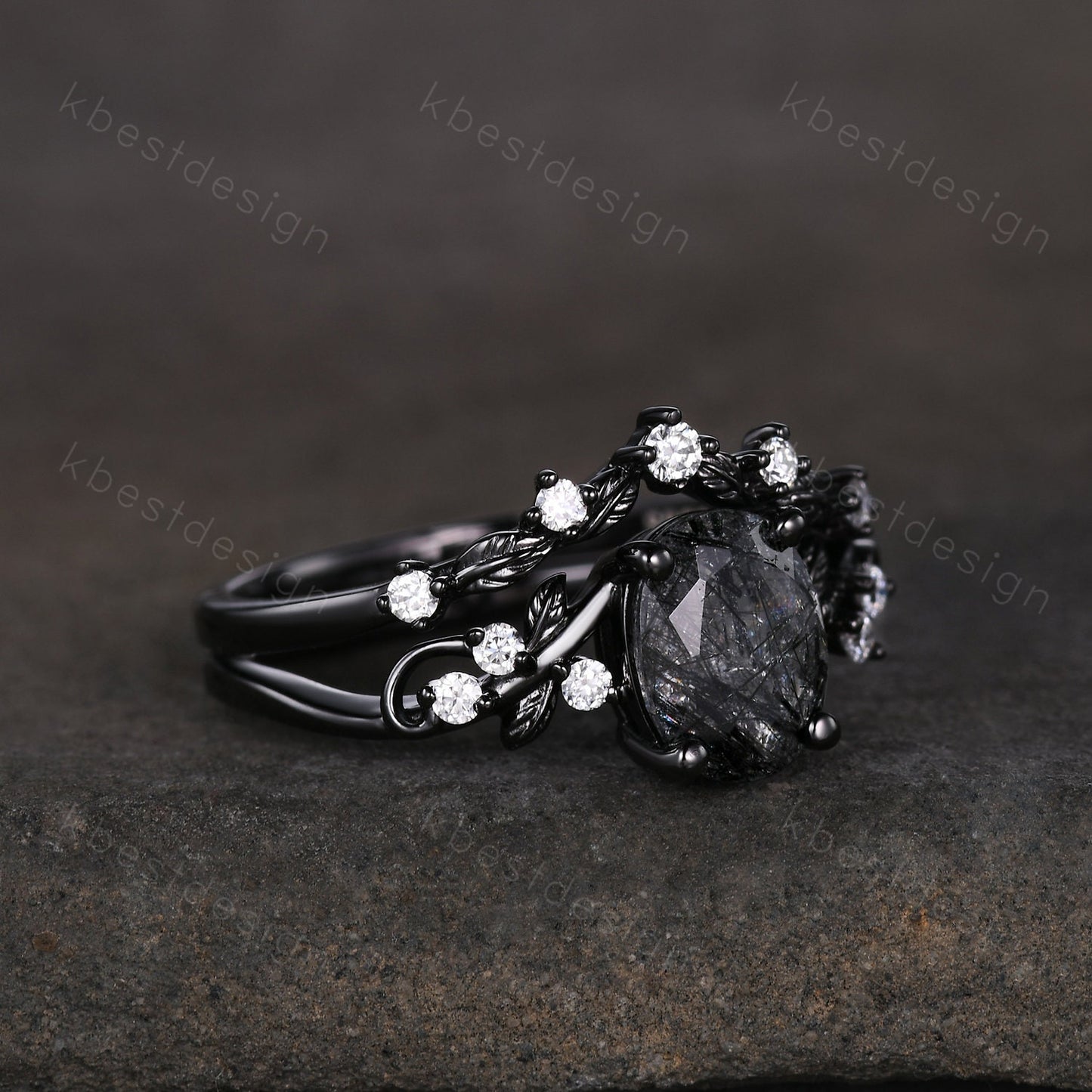 Vintage Oval Black Rutilated Quartz Engagement Ring Set,Black Gold,Branch Leaf Stacking Band,Women Bridal Set,Unique Twig Moissanite Rings