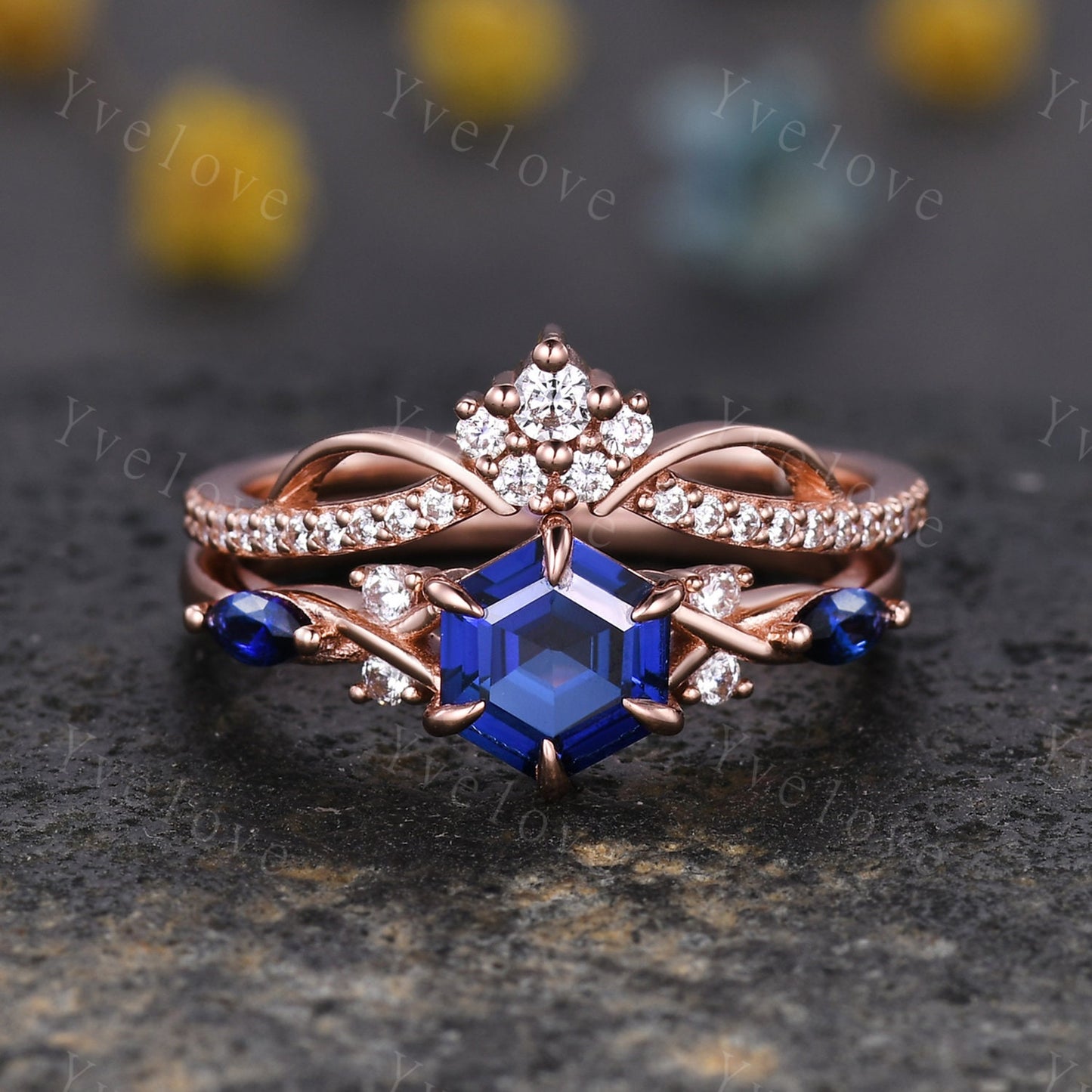 Vintage sapphire engagement ring hexagon sapphire wedding ring rose gold band unique personalized ring art deco bridal ring anniversary gift